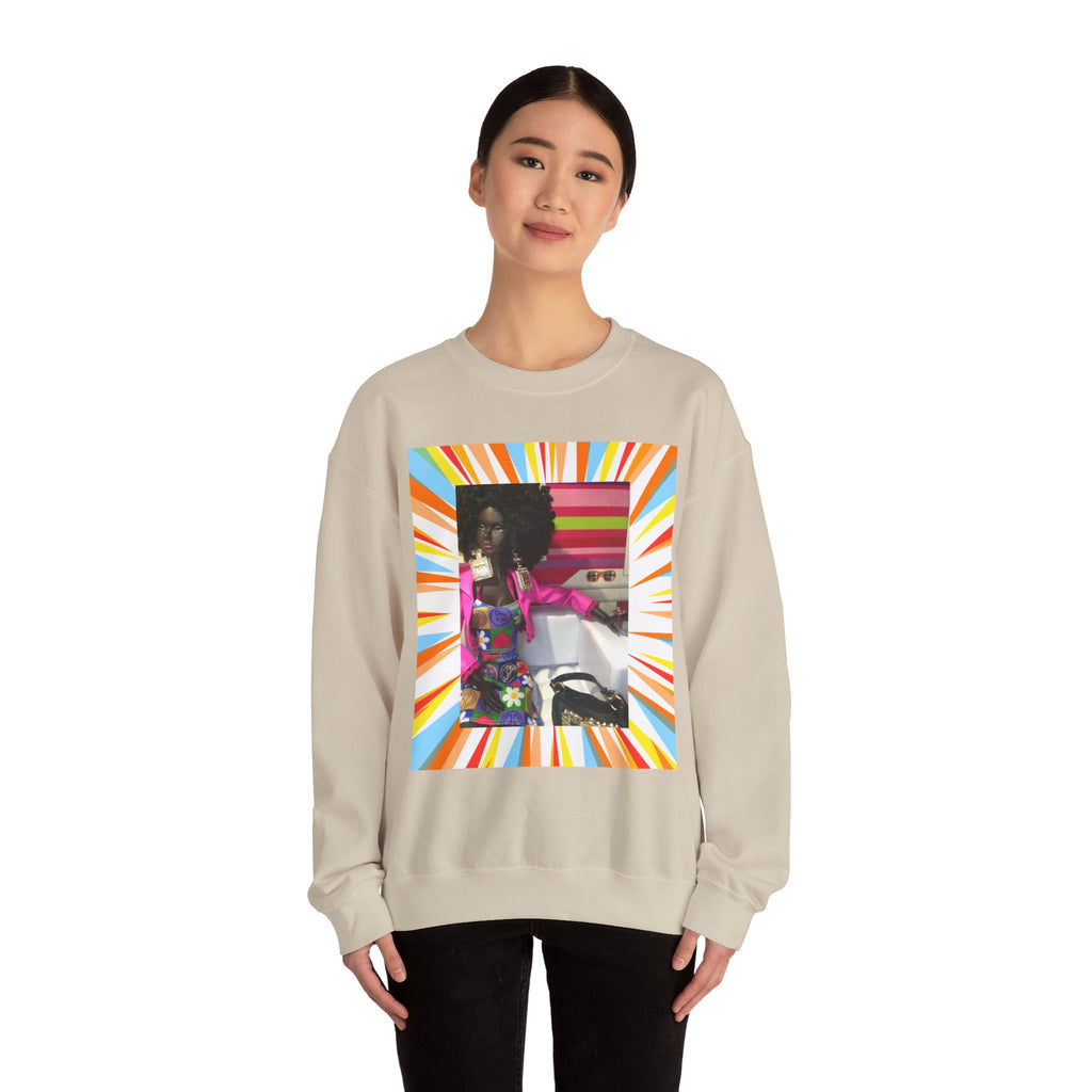 BELLA printify PDW crewneck sweatshirt in gray with printed design, shown on a hanger against a plain background.