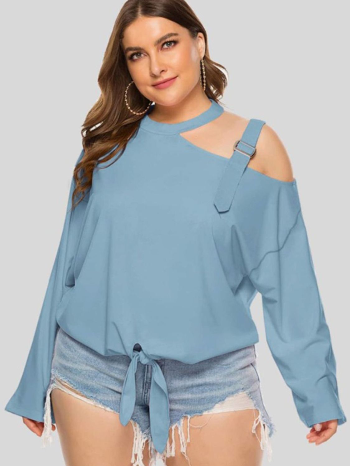 Plus size cold-shoulder tied top by BELLA, featuring a trendy style with cut-out shoulders and a front tie detail.