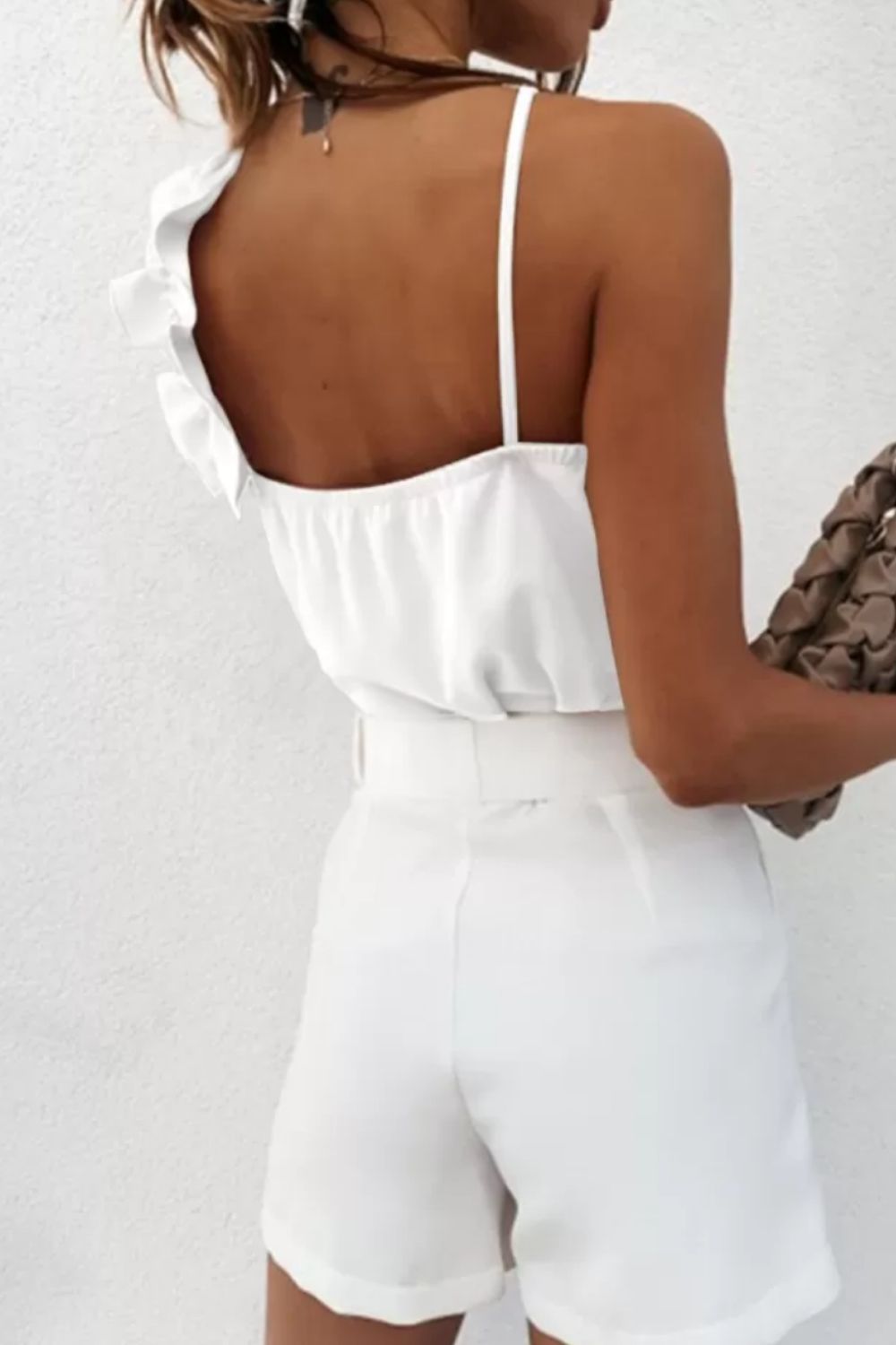 BELLA Ruffled V-Neck Cami in soft fabric with delicate ruffle details, perfect for a stylish and feminine look.