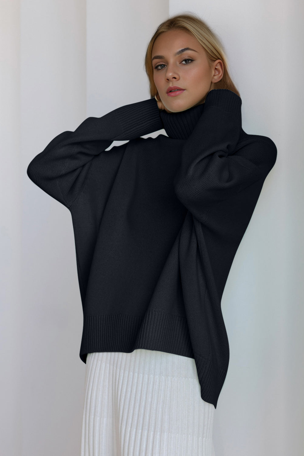 BELLA BLA turtleneck dropped shoulder long sleeve sweater with a cozy fit and soft knit fabric, stylishly displayed on a mannequin.