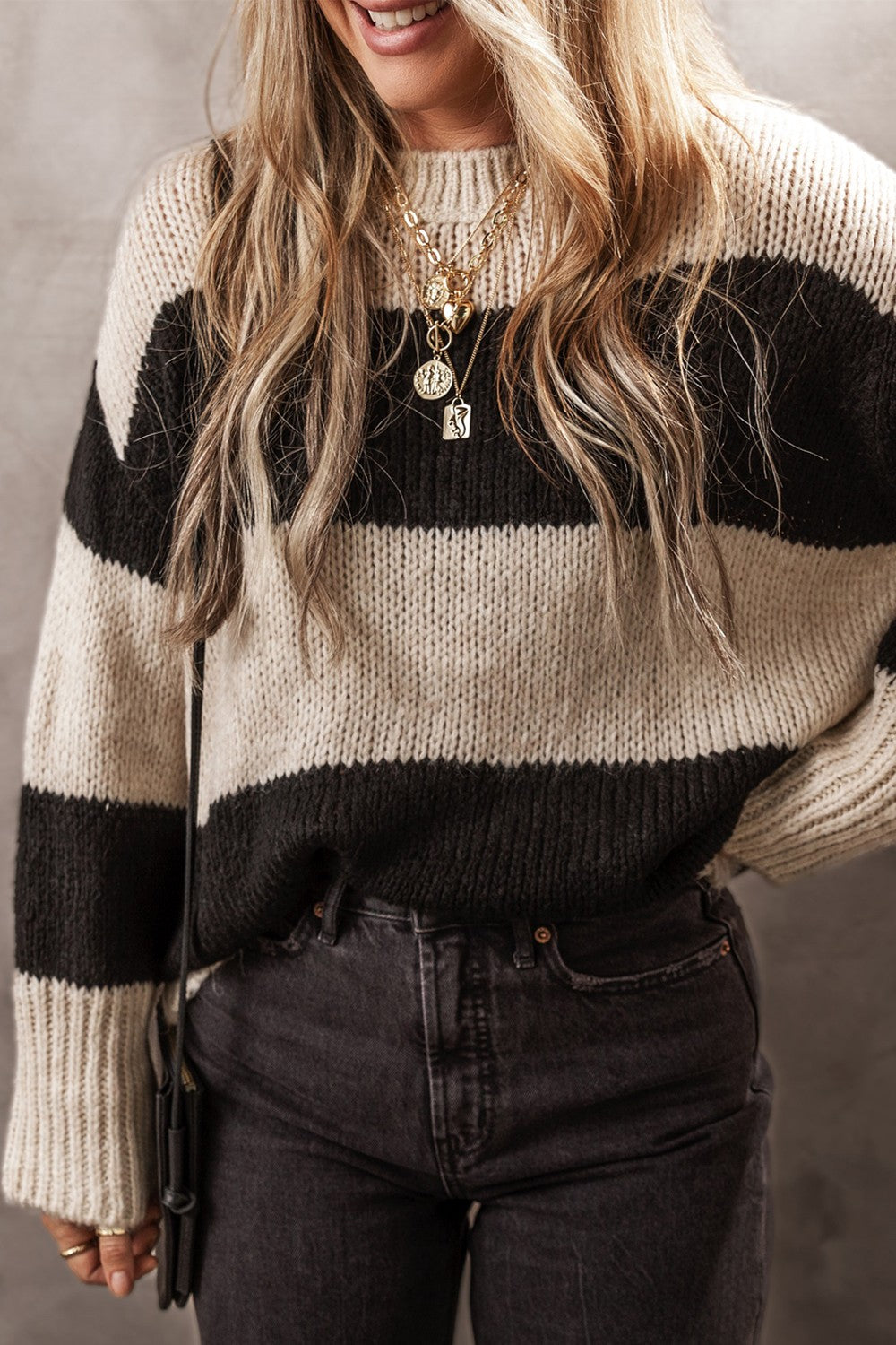 Color block round neck sweater by BELLA BLA featuring vibrant color blocking and a classic round neckline.