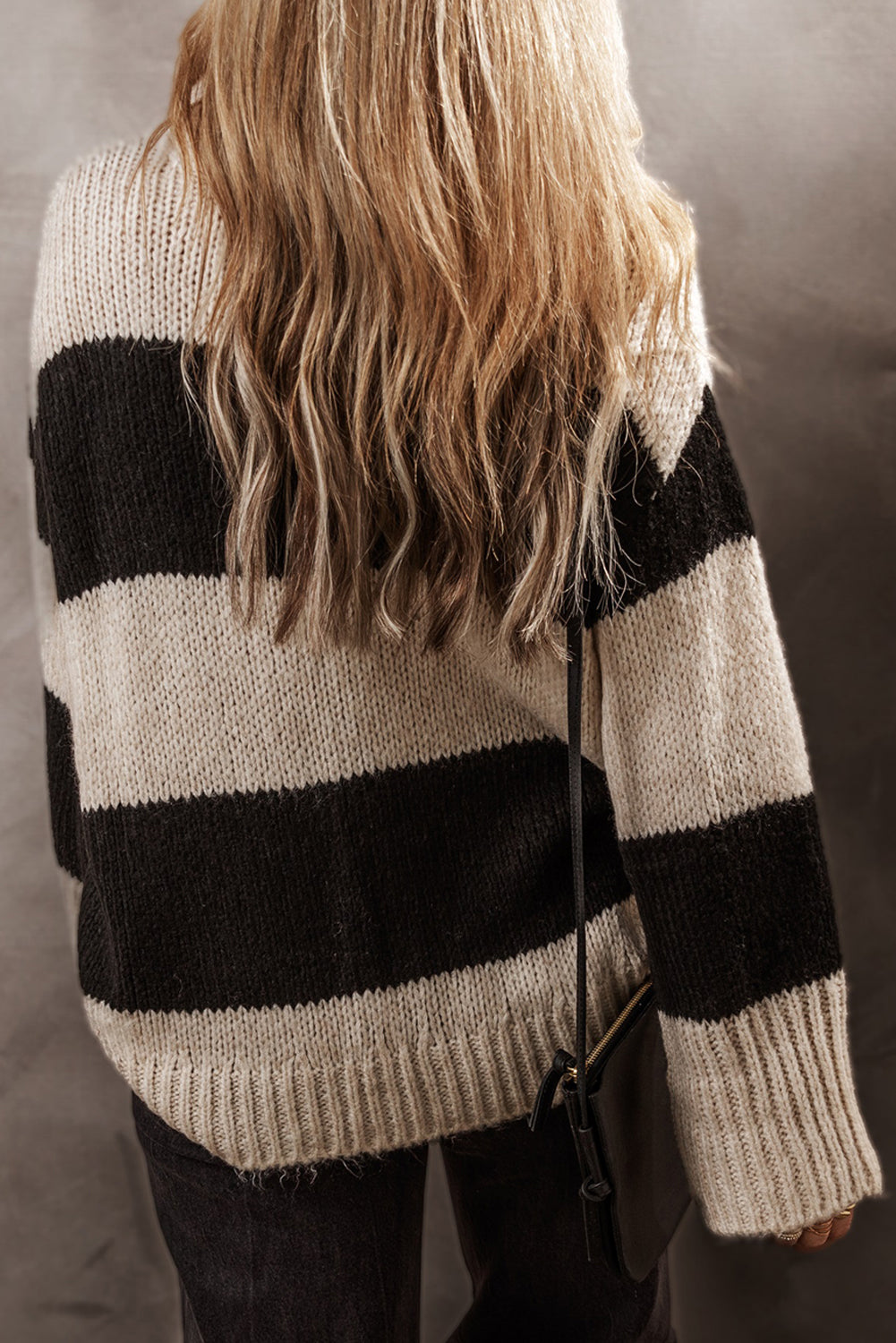 Color block round neck sweater by BELLA BLA featuring bold, contrasting colors and a classic fit, perfect for casual wear.