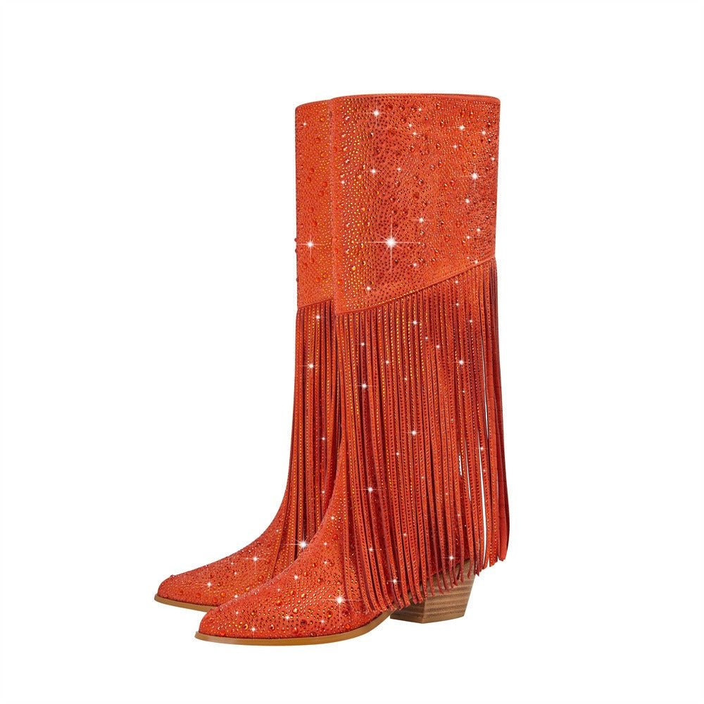 Rhinestone Long Fringe Boots