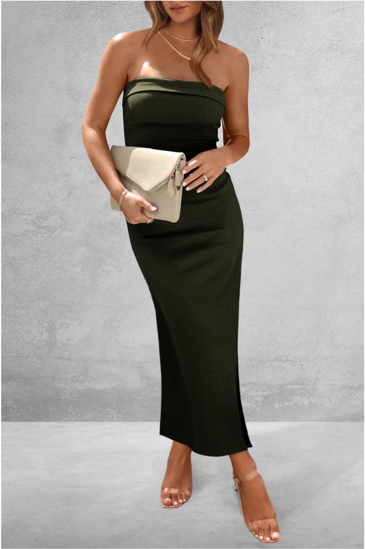 BELLA trendsi slit tube midi dress in black, featuring a sleek silhouette and a stylish thigh slit, perfect for elegant occasions.