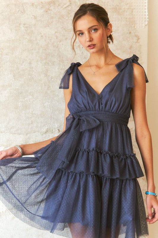 BELLA trendsi tie shoulder polka dot mesh dress featuring a flirty neckline and flowy silhouette, perfect for stylish occasions.
