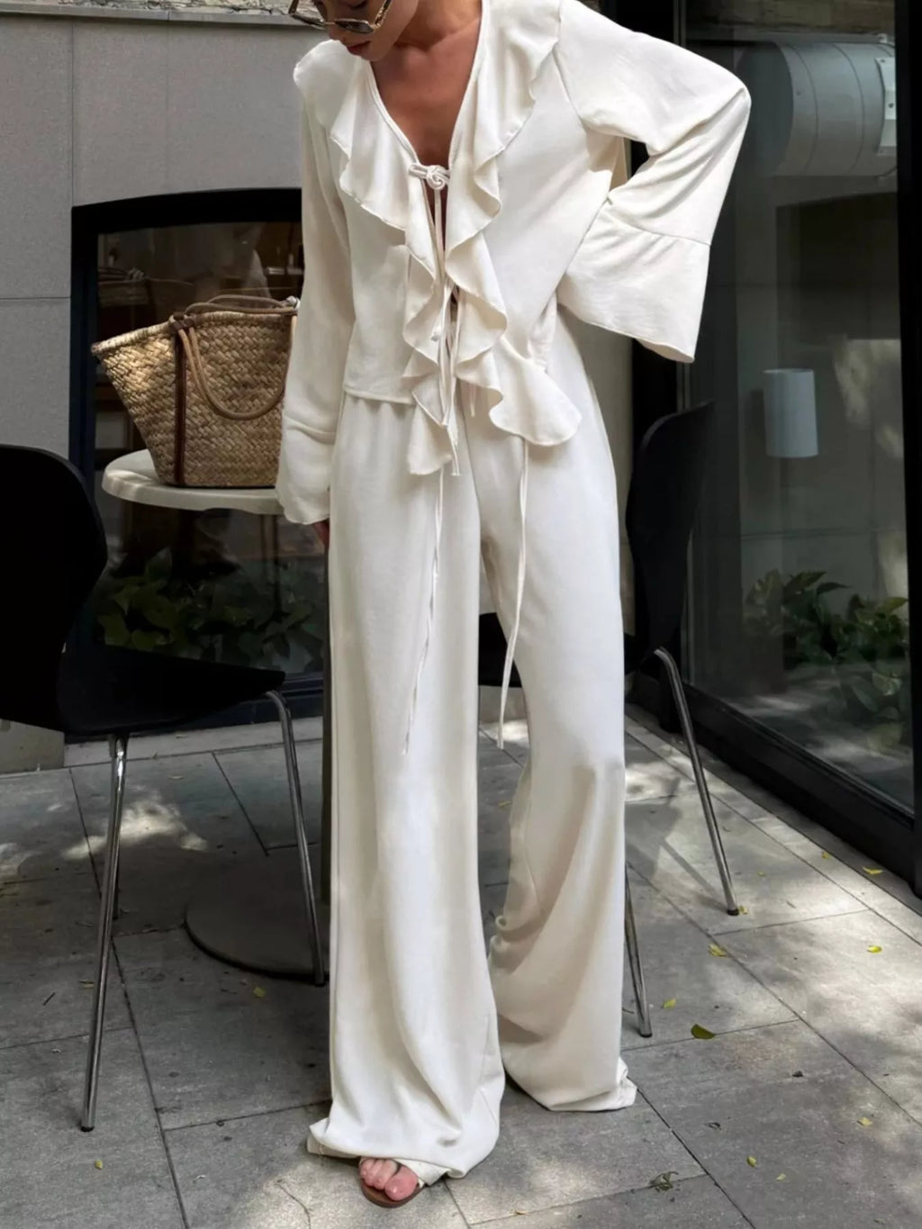 Women’s ruffle trim tie front top and pants set – chic 2-piece outfit by BellaBla
