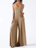 BELLA Square Neck Wide Strap Jumpsuit with fitted waist and wide leg pants, in a trendy style perfect for casual or chic looks.