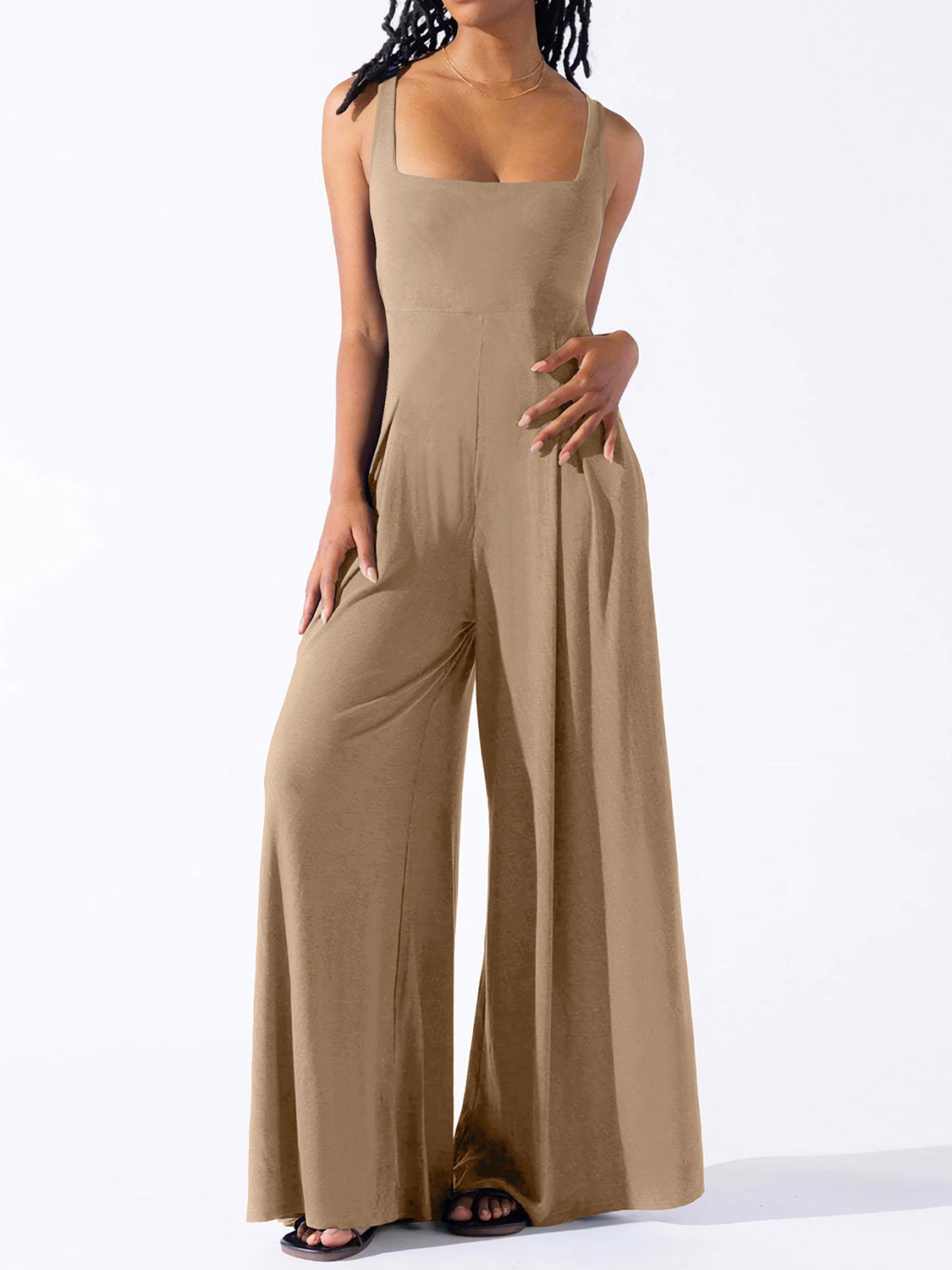 BELLA Square Neck Wide Strap Jumpsuit with fitted waist and wide leg pants, in a trendy style perfect for casual or chic looks.