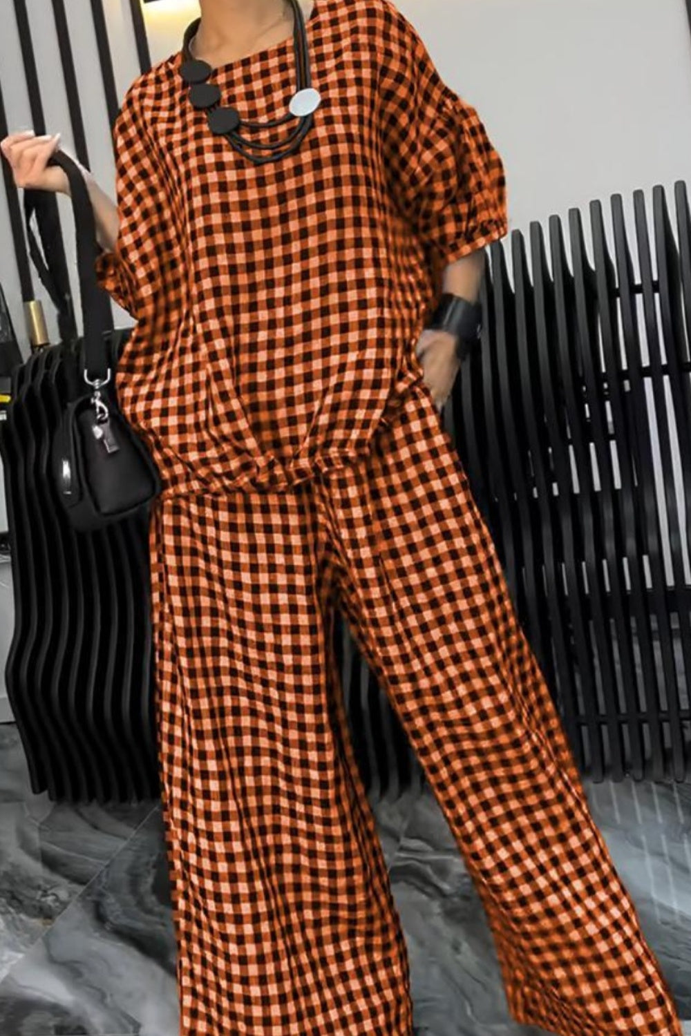 BELLA plaid round neck half sleeve top and matching pants set, casual stylish women's fashion, trendy and comfortable ensemble.