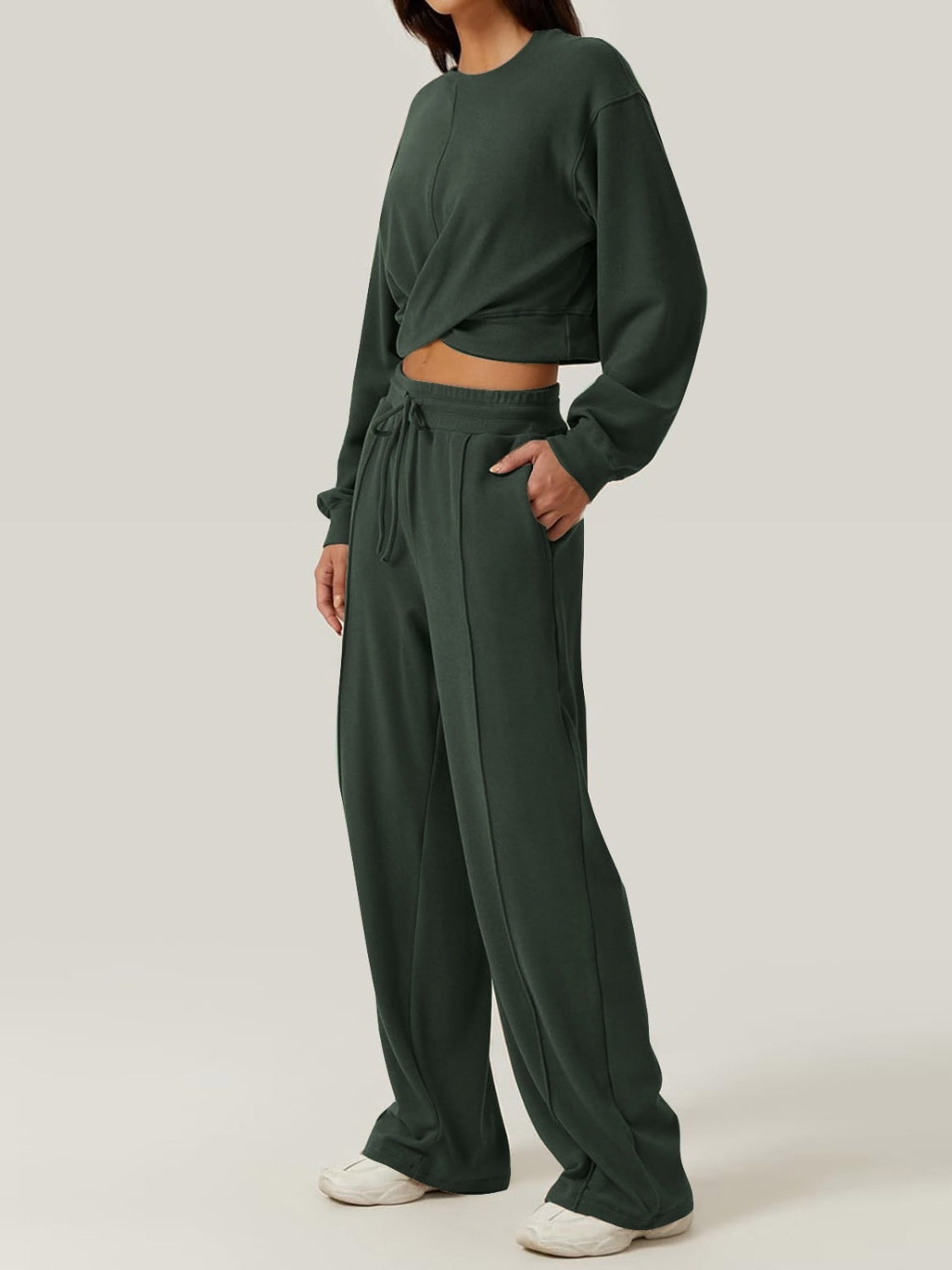 BELLA trendsi crisscross round neck top and drawstring pants set, stylish casual outfit with matching top and pants.