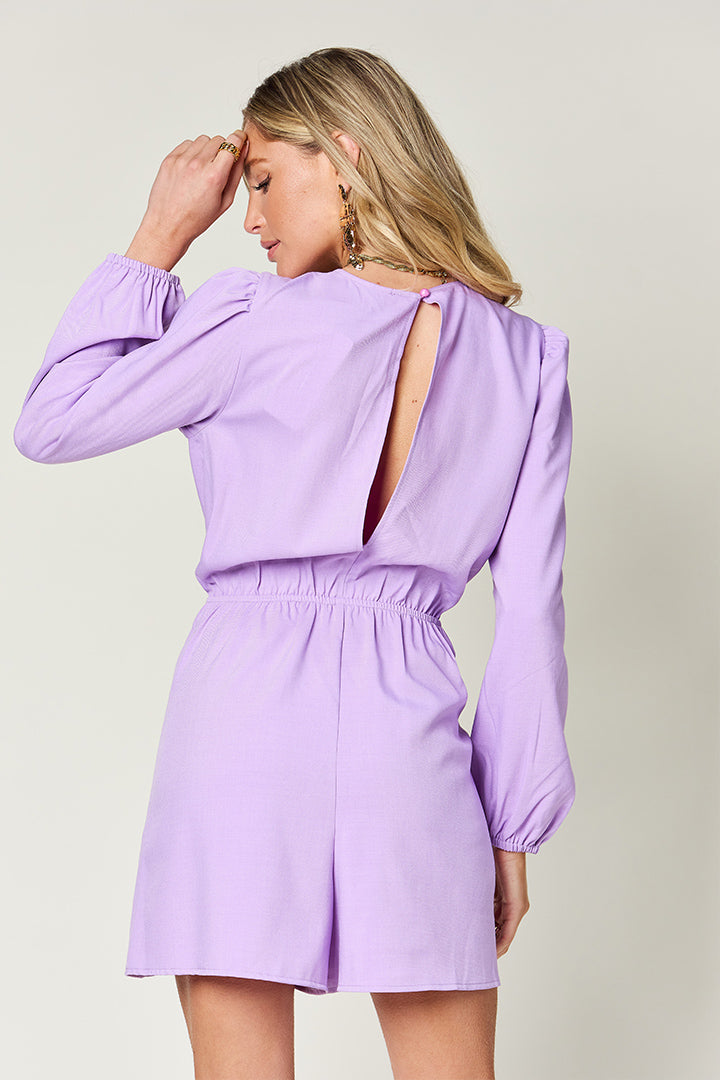 BELLA Double Take full size long sleeve romper with drawstring waist, featuring a stylish, comfortable design and trendy details.