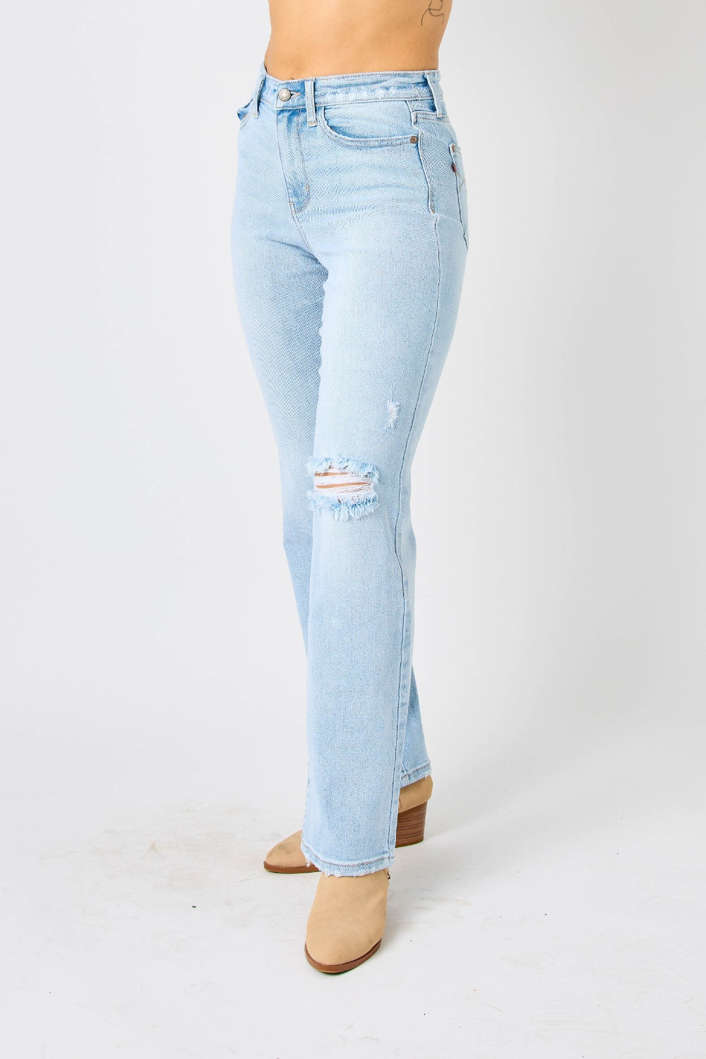 BELLA Judy Blue high waist distressed straight jeans for women, showcasing a full-length view with distressed details and a high waist fit.