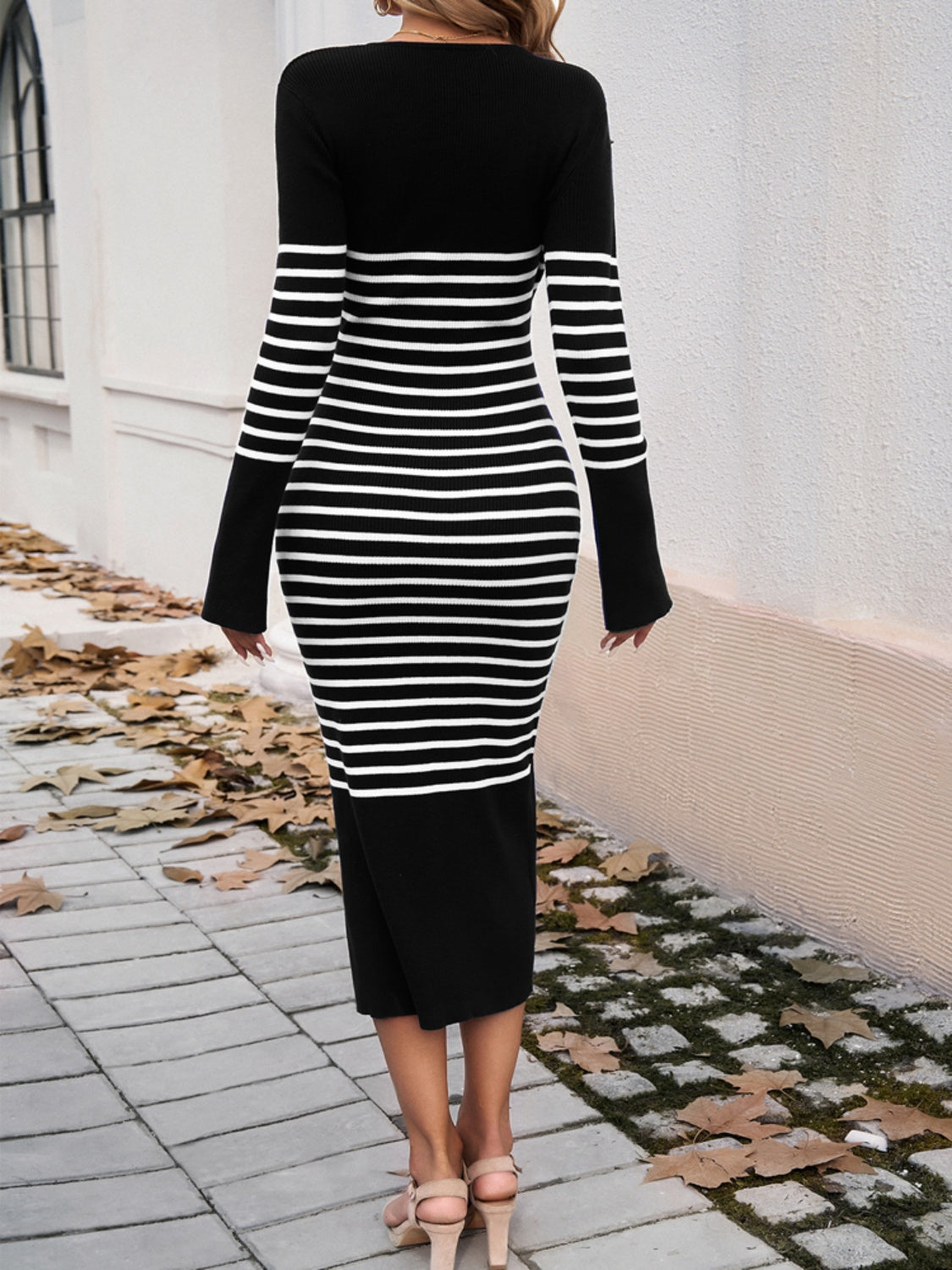 BELLA Devine striped V-neck long sleeve sweater dress with a fitted silhouette and stylish design, perfect for casual or dressy occasions.