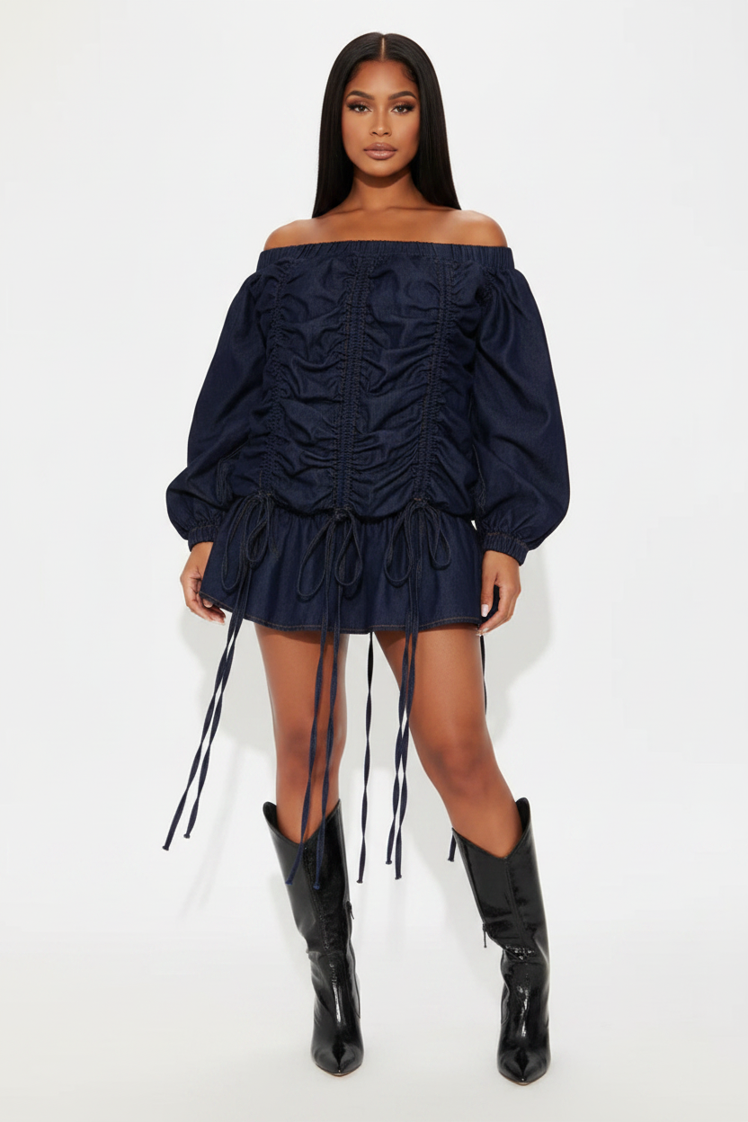 Off-Shoulder Ruched Denim Dress