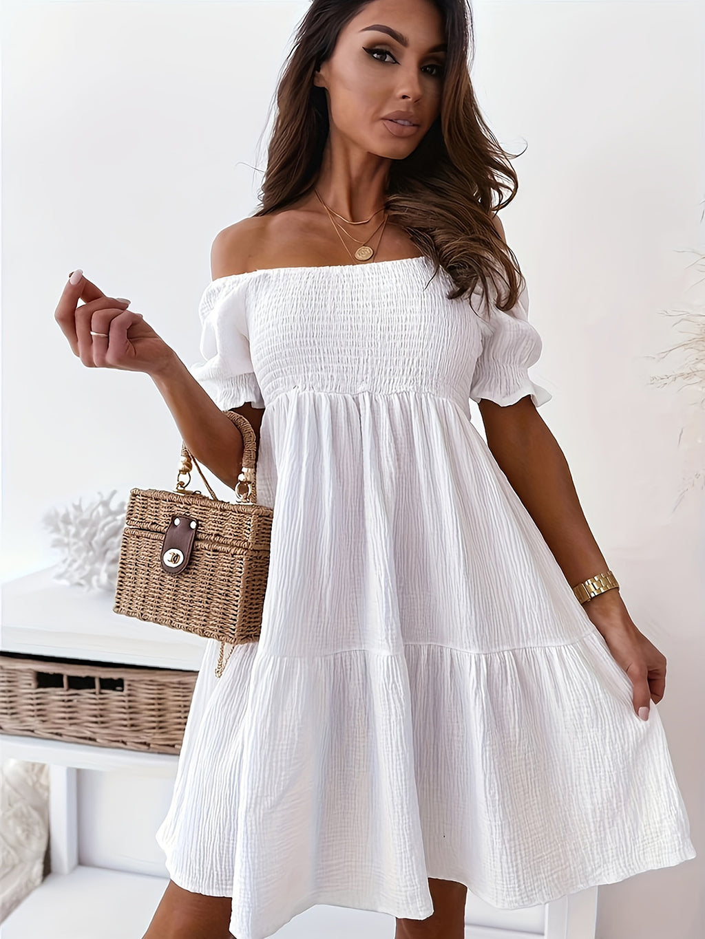 BELLA trendsi full size ruffled off-shoulder short sleeve dress, stylish and feminine, displayed on a hanger.