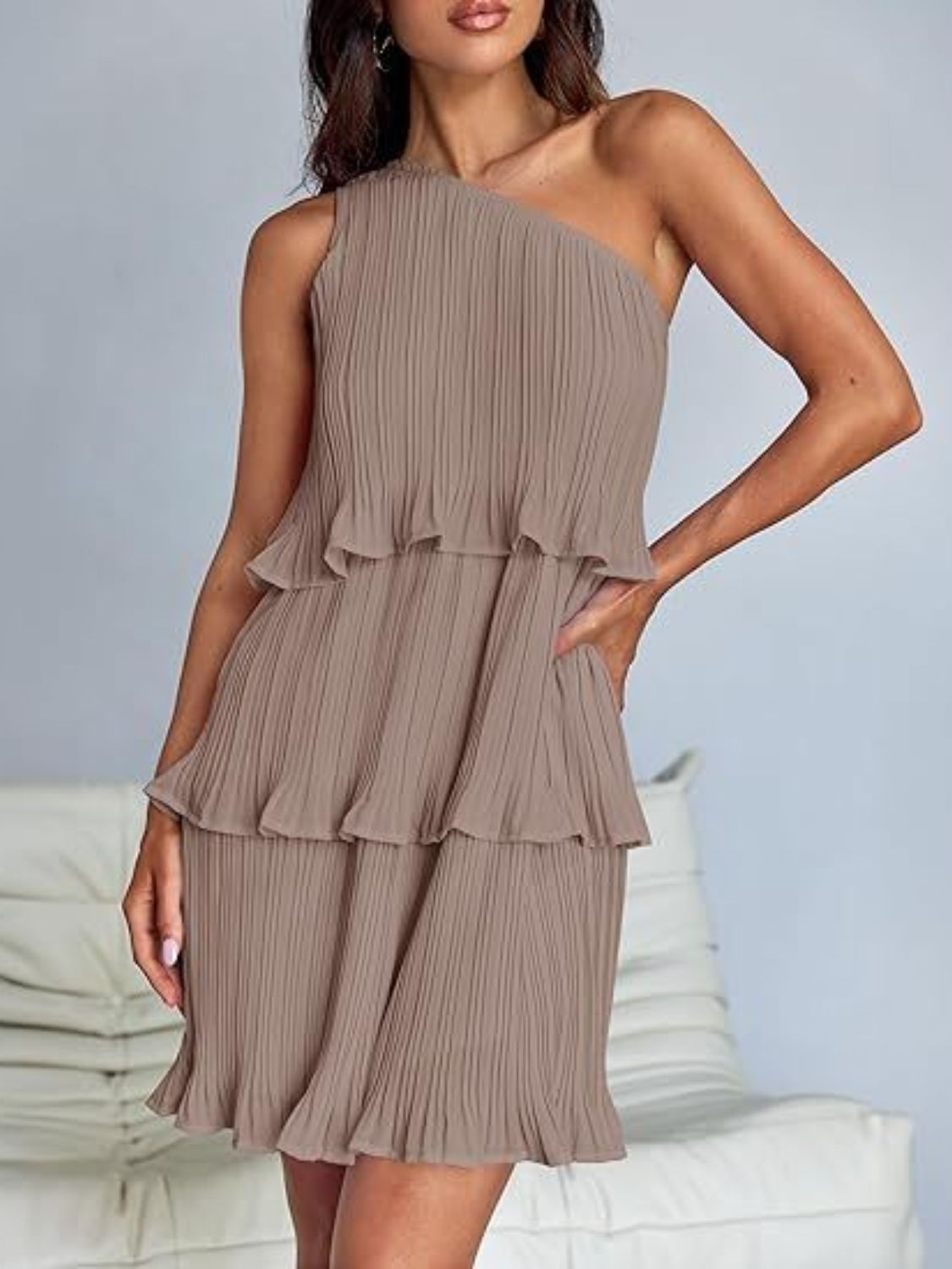 BELLA layered single shoulder mini dress from trendsi featuring a stylish design with a single shoulder strap and layered details.