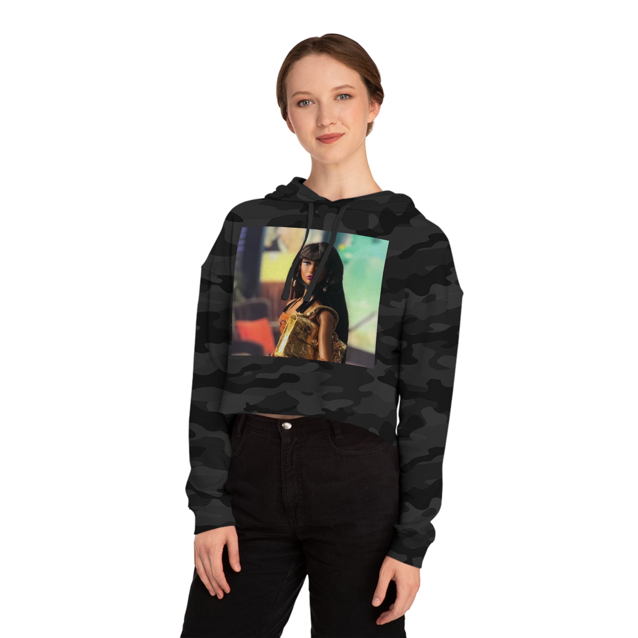 BELLA Pretty Doll World cropped hooded sweatshirt with colorful print, casual fit, and cozy hood, ideal for everyday wear.