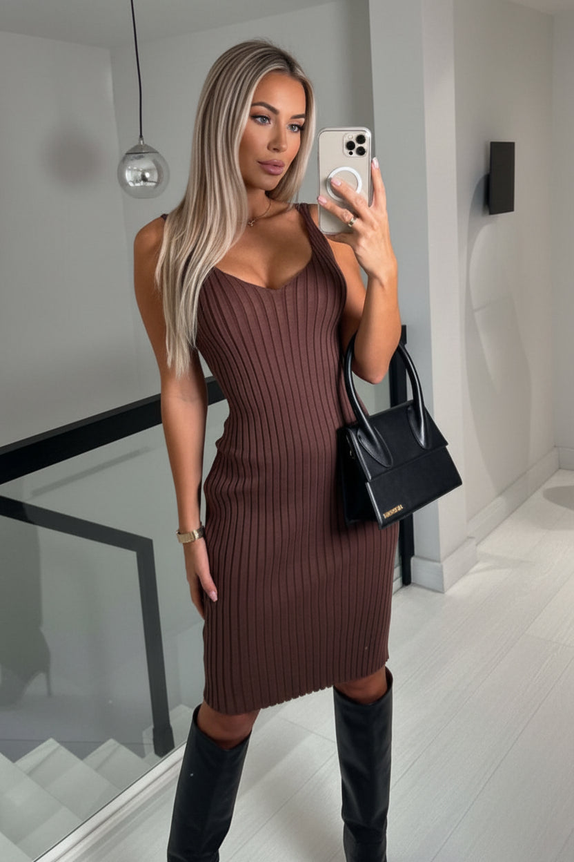 BELLA ribbed round neck top and cami dress sweater set, featuring a textured knit fabric and fitted silhouette.