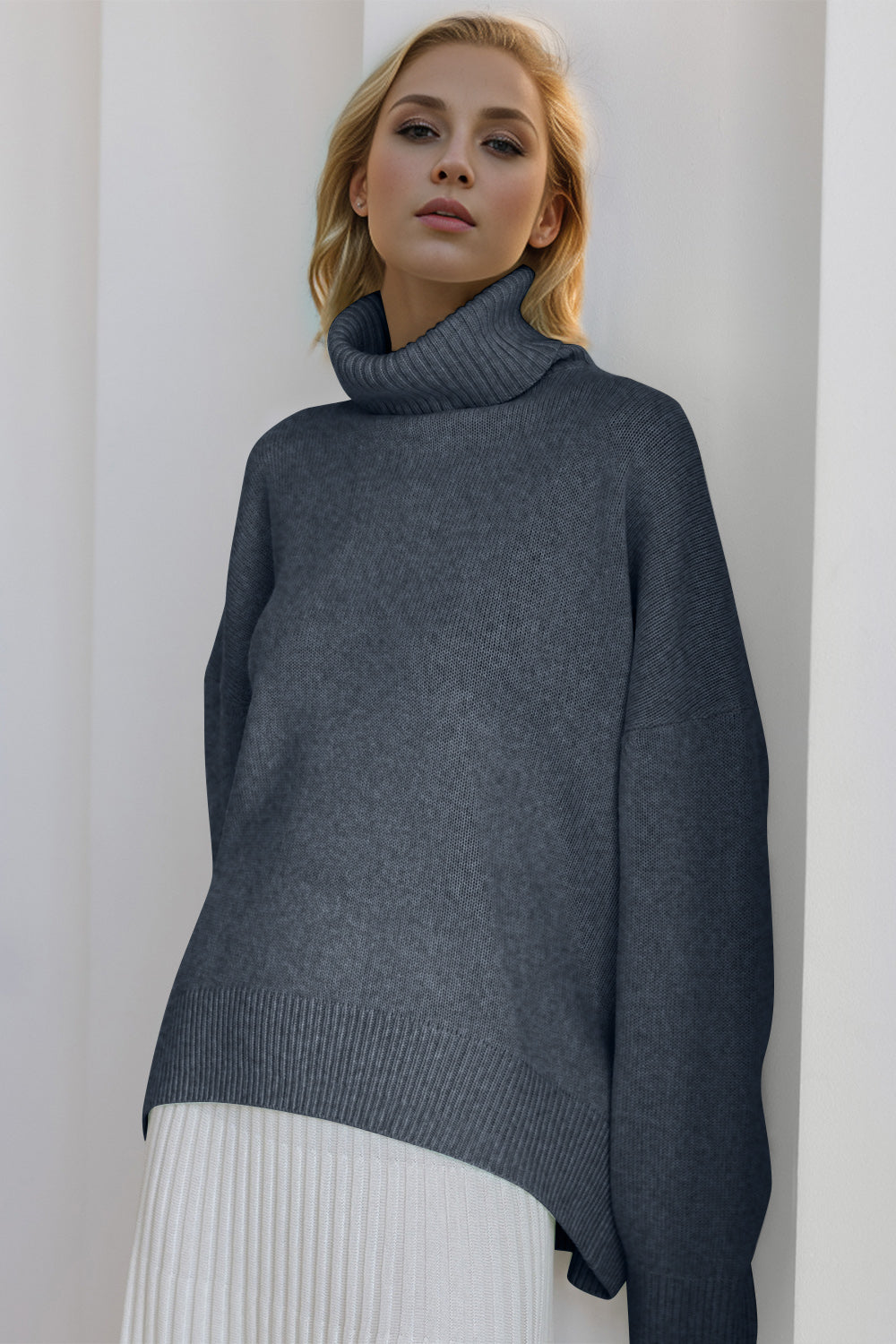BELLA BLA trendy turtleneck sweater with dropped shoulders and long sleeves, stylish knit top for casual wear.