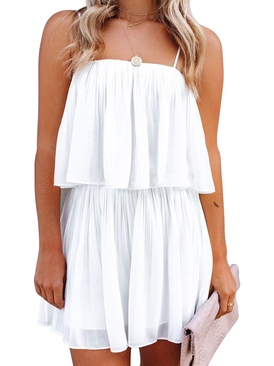 BELLA trendsi ruched spaghetti strap romper featuring a fitted bodice and lightweight fabric, perfect for casual summer wear.