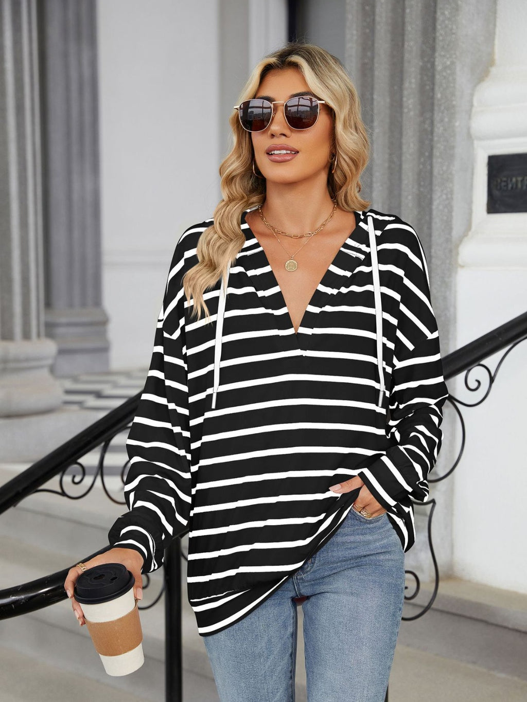BELLA BLA Drawstring striped long sleeve hoodie with hood, casual fit, and ribbed cuffs, in a trendy design.