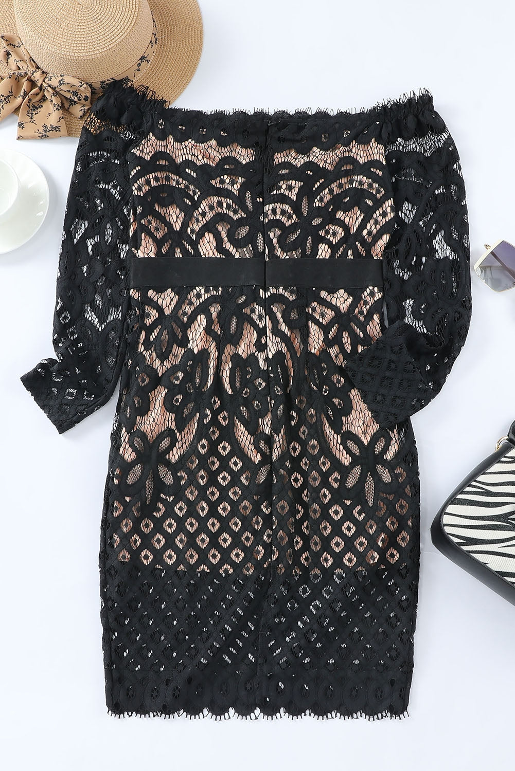BELLA off-shoulder long sleeve lace dress with delicate floral lace details and a fitted silhouette, perfect for elegant occasions.
