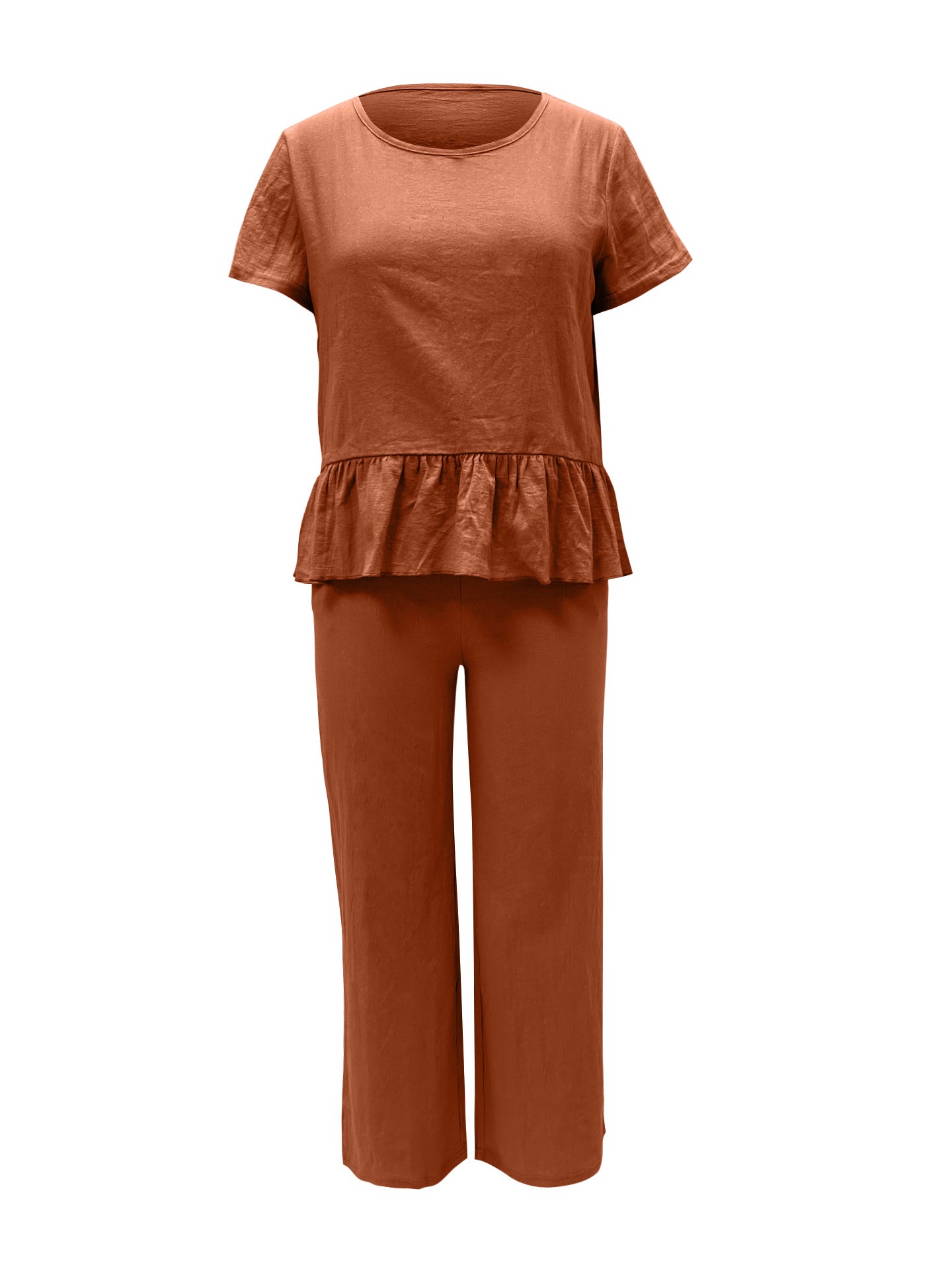 BELLA trendsi peplum round neck short sleeve top and matching pants set, stylish and comfortable outfit for casual wear.