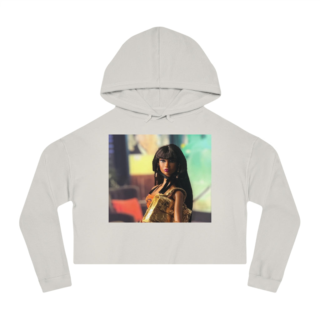 BELLA Pretty Doll World cropped hooded sweatshirt with colorful print, casual fit, and soft fabric, designed by Printify.
