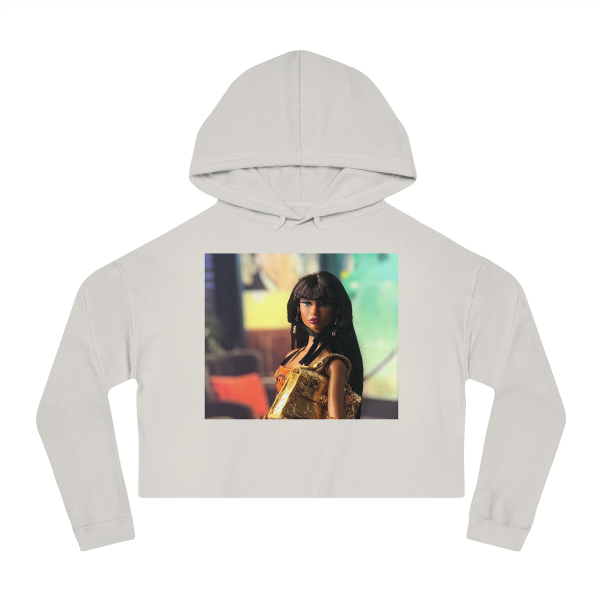 BELLA Pretty Doll World cropped hooded sweatshirt with colorful print, casual fit, and soft fabric, designed by Printify.