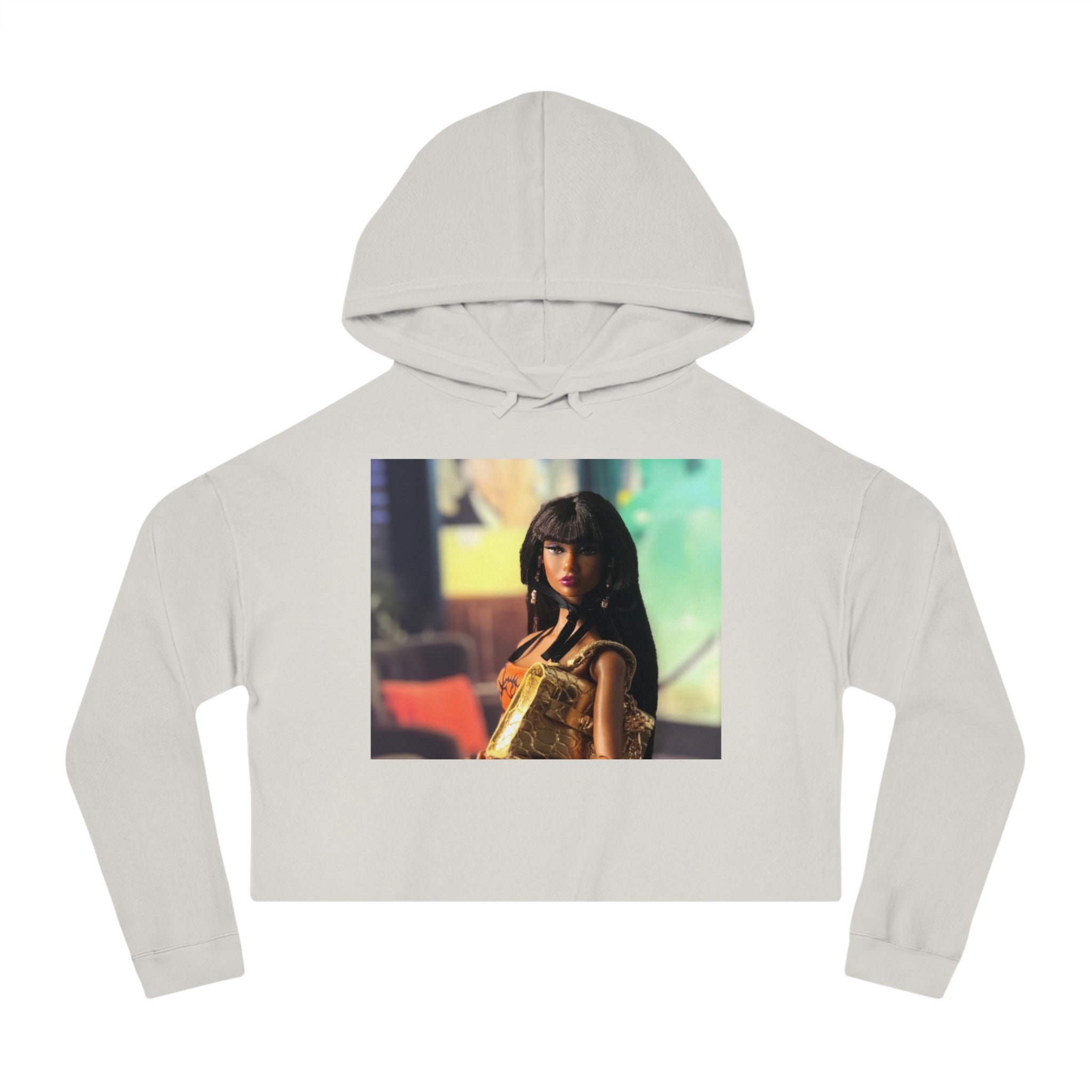 BELLA Pretty Doll World cropped hooded sweatshirt with colorful print, casual fit, and soft fabric, designed by Printify.