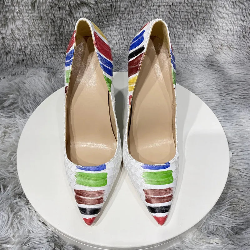 White Crocodile Effect Pointy Toe Heels