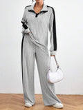 BELLA BLA contrast collared neck long sleeve top and matching pants set, trendy stylish loungewear for women.