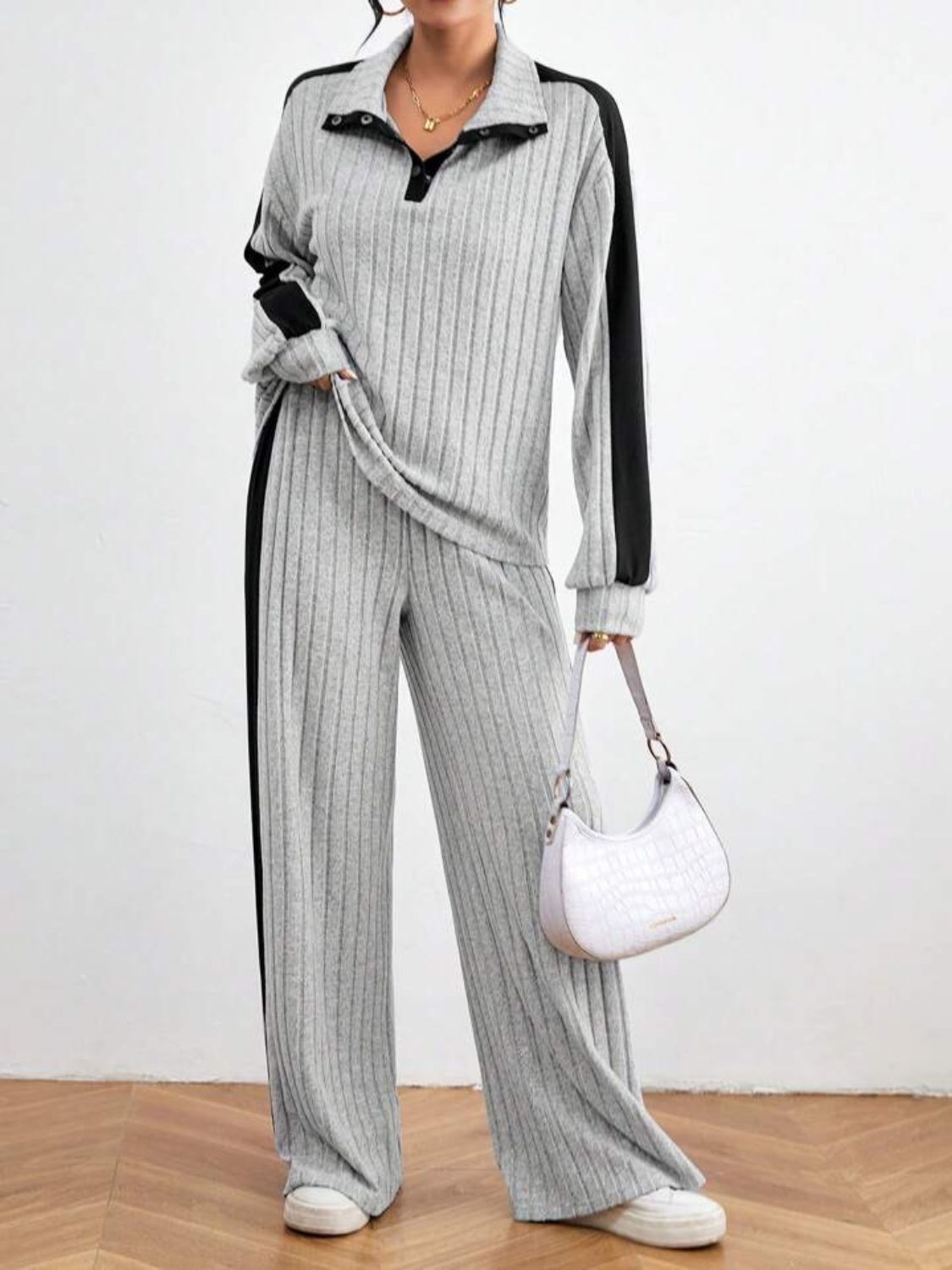 BELLA BLA contrast collared neck long sleeve top and matching pants set, trendy stylish loungewear for women.