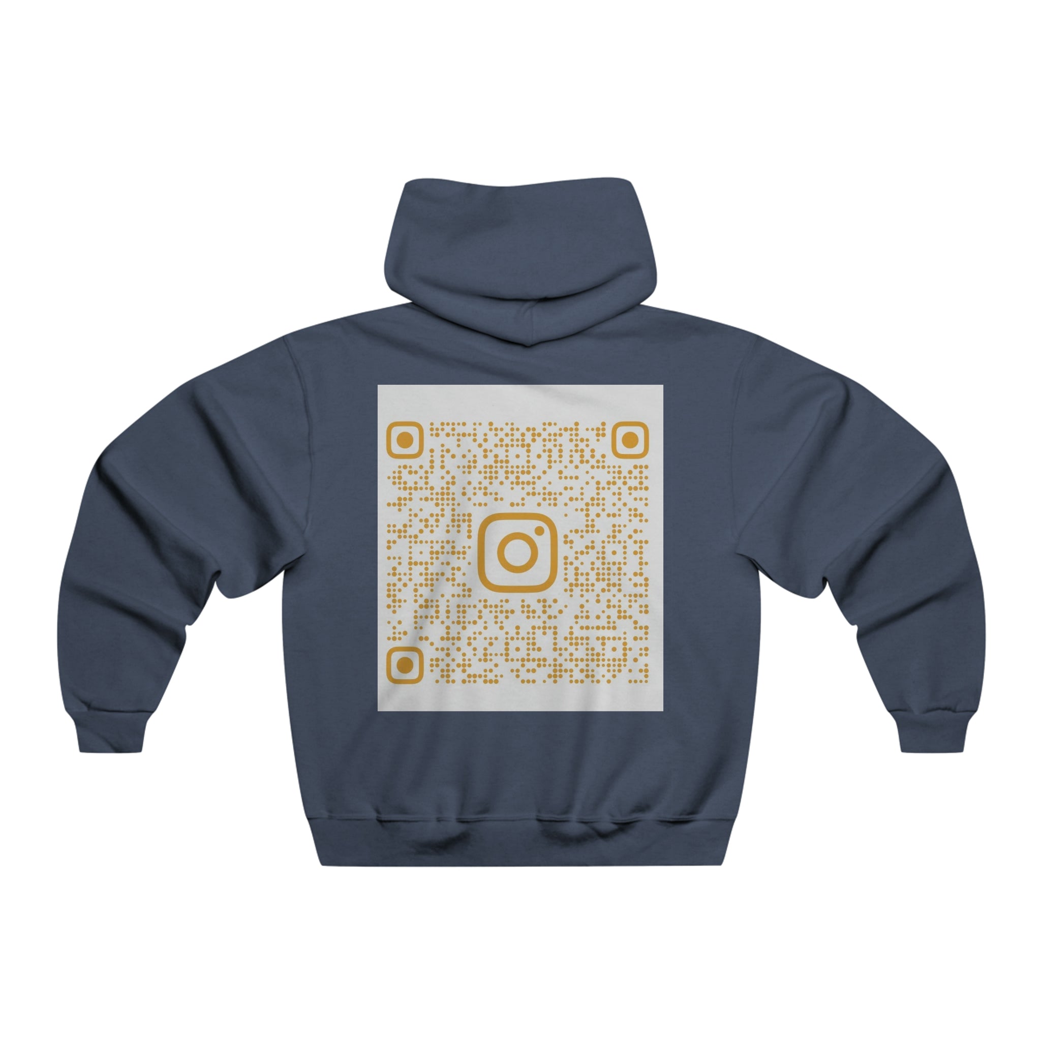 Black hooded sweatshirt with a QR code print by BELLA BLA, featuring a front pocket and drawstrings, made by Printify.