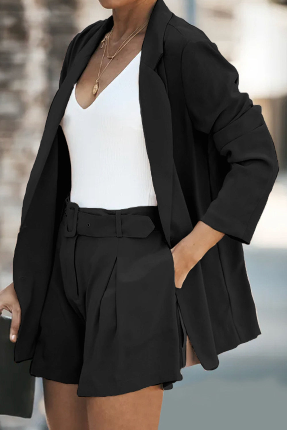 BELLA longline blazer and shorts set with pockets, stylish women's fashion ensemble featuring a tailored blazer and matching shorts.