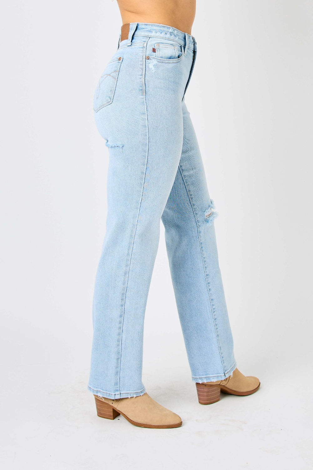 BELLA Judy Blue full-size high waist distressed straight jeans with a trendy fit and ripped detailing on the front.