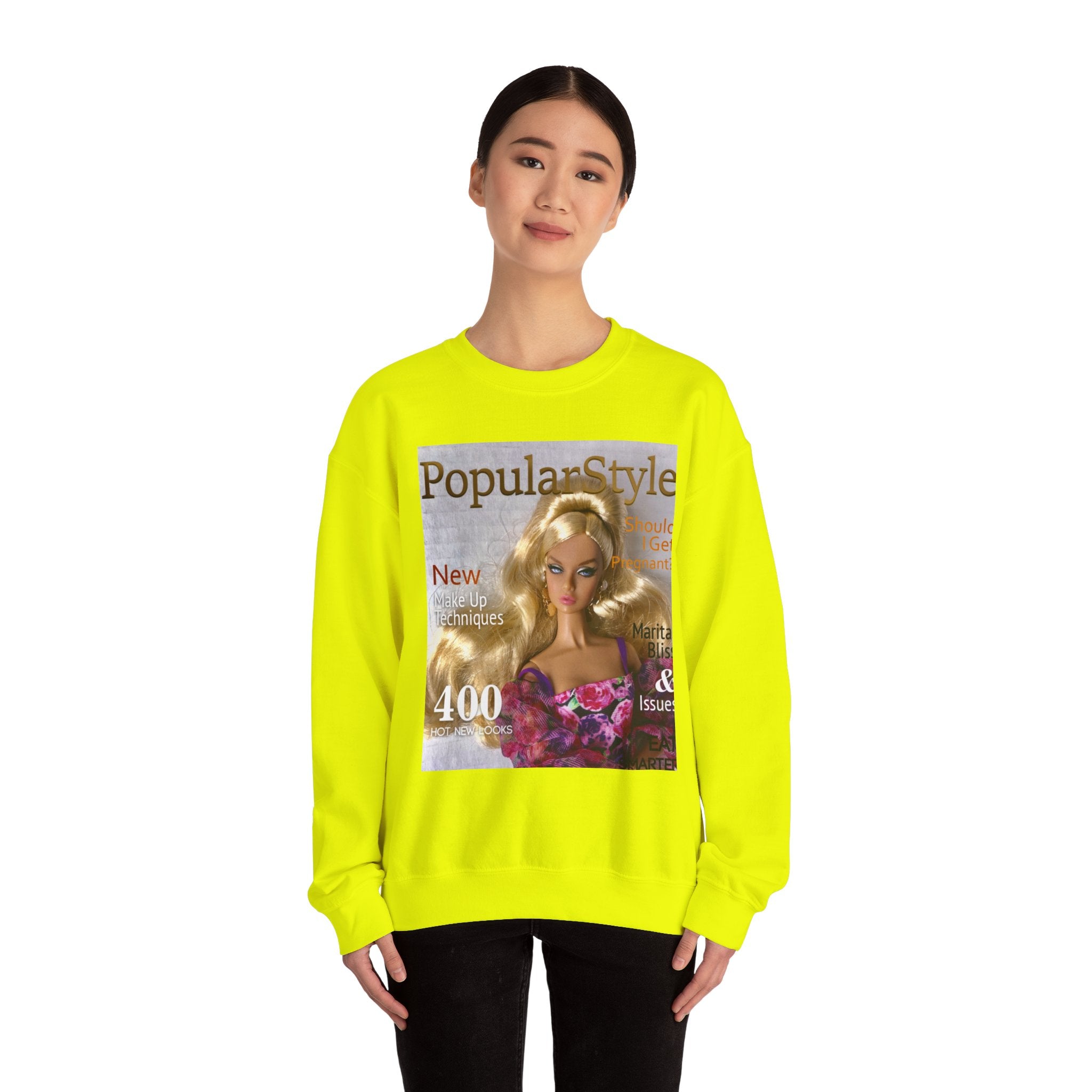 Printify graphic crewneck sweatshirt with bold fashion design, soft fabric, and comfortable fit, shown in a close-up image.