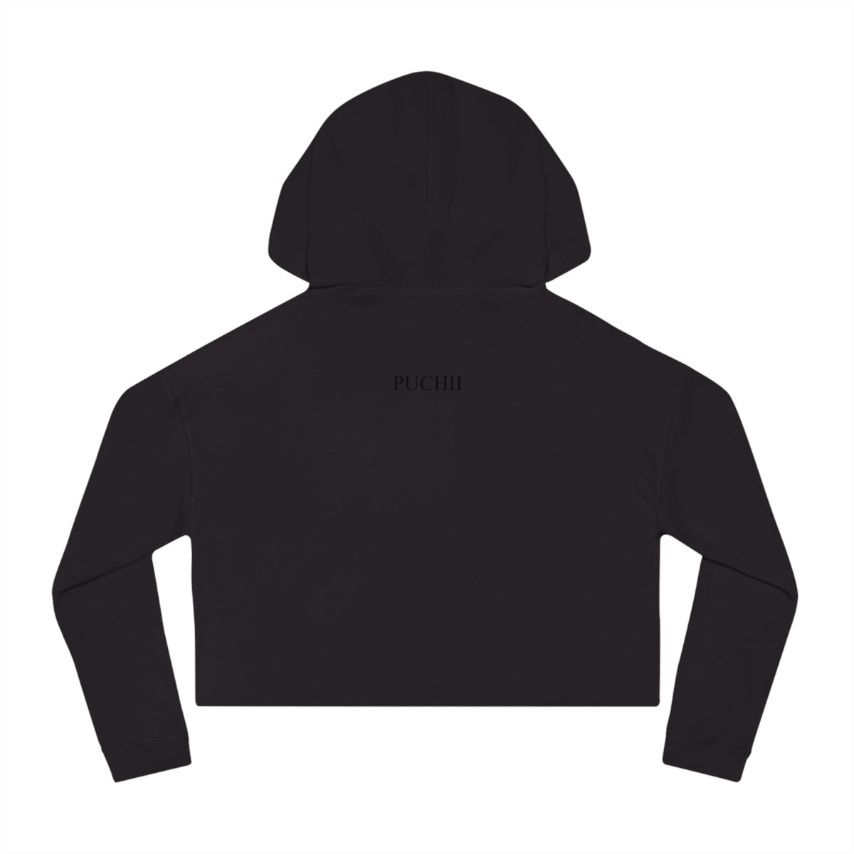 BELLA Pretty Doll World cropped hooded sweatshirt with colorful print, casual hoodie for women, front view with hood down.