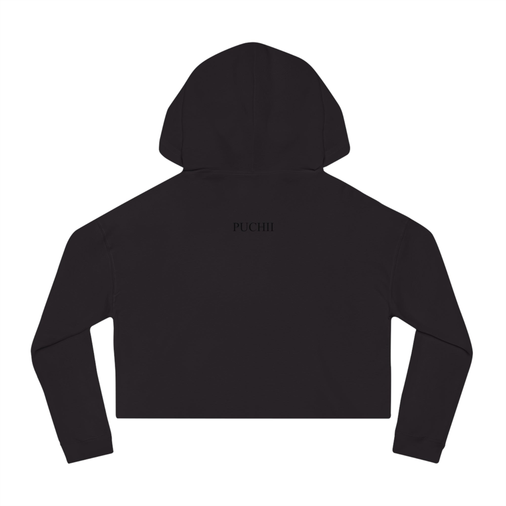 BELLA Pretty Doll World cropped hooded sweatshirt with colorful print, casual hoodie for women, front view with hood down.
