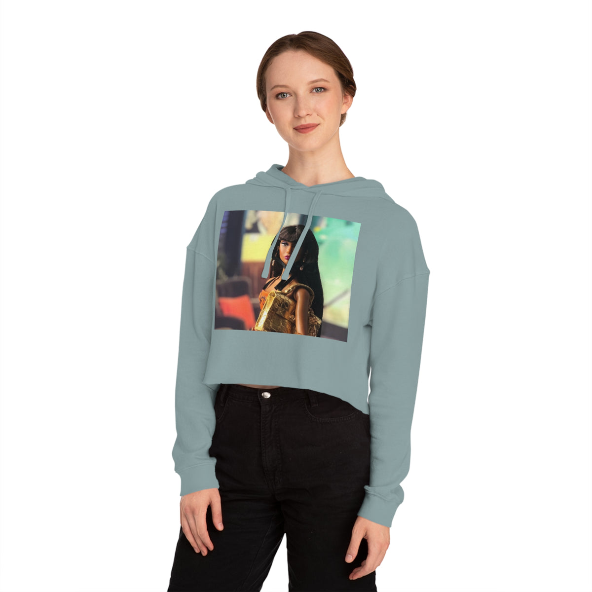 BELLA Pretty Doll World cropped hooded sweatshirt with colorful print, casual fit, and hood, designed by Printify.