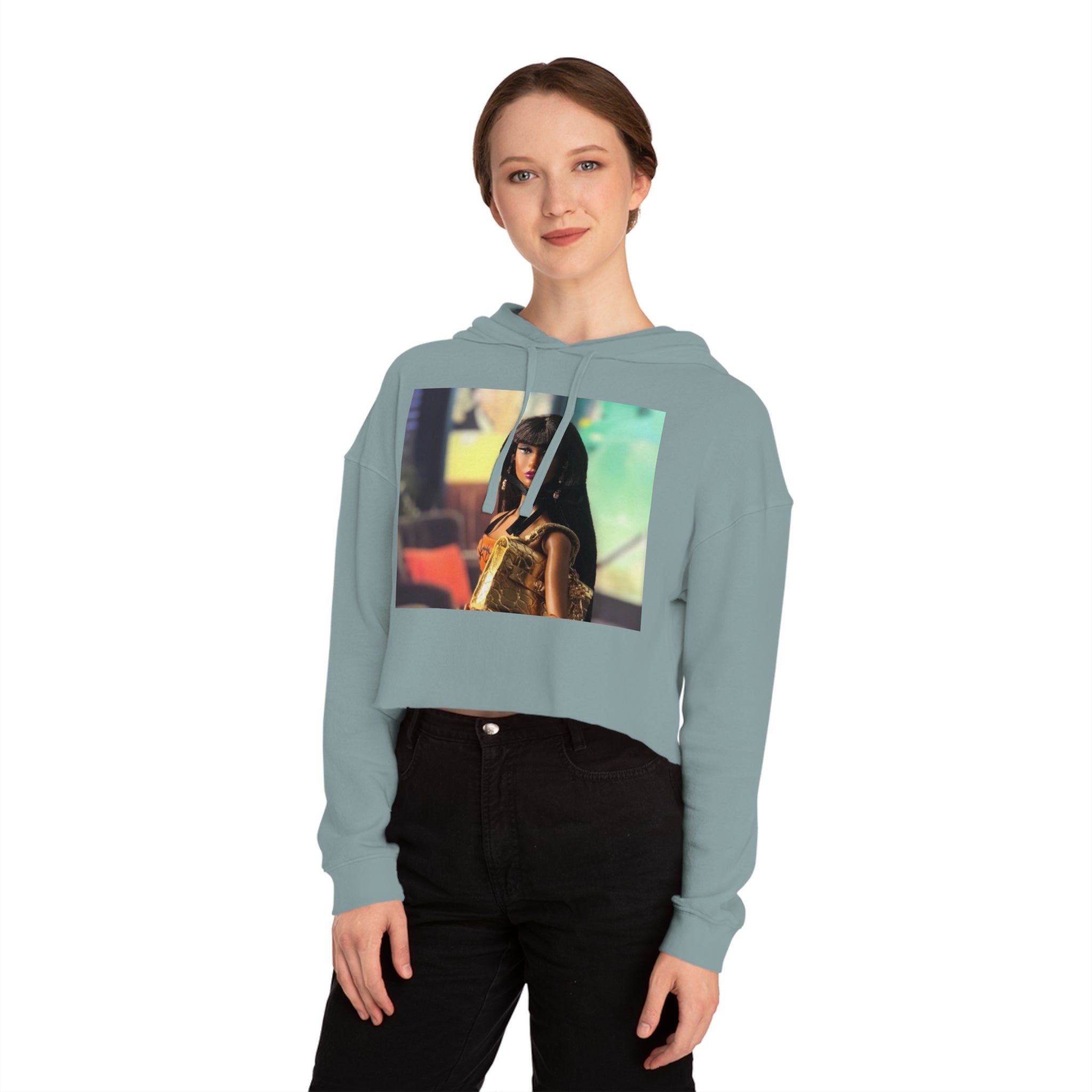 BELLA Pretty Doll World cropped hooded sweatshirt with colorful print, casual fit, and hood, designed by Printify.