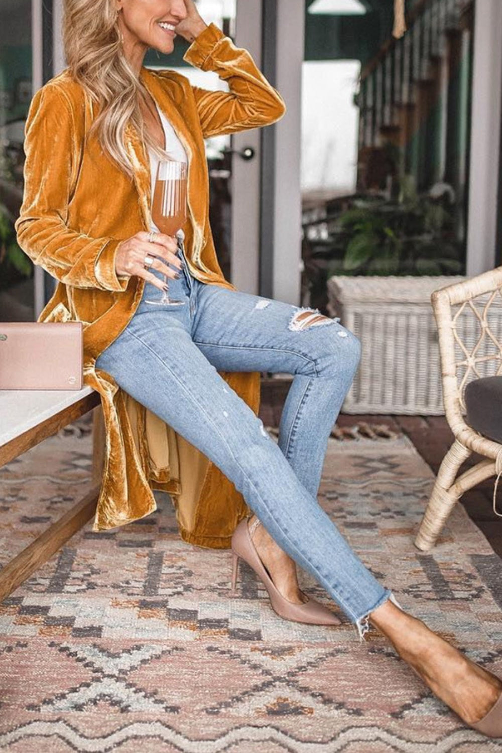 Open front long sleeve coat from BELLA BLA by trendsi, showcasing a stylish, lightweight outerwear with a relaxed fit.