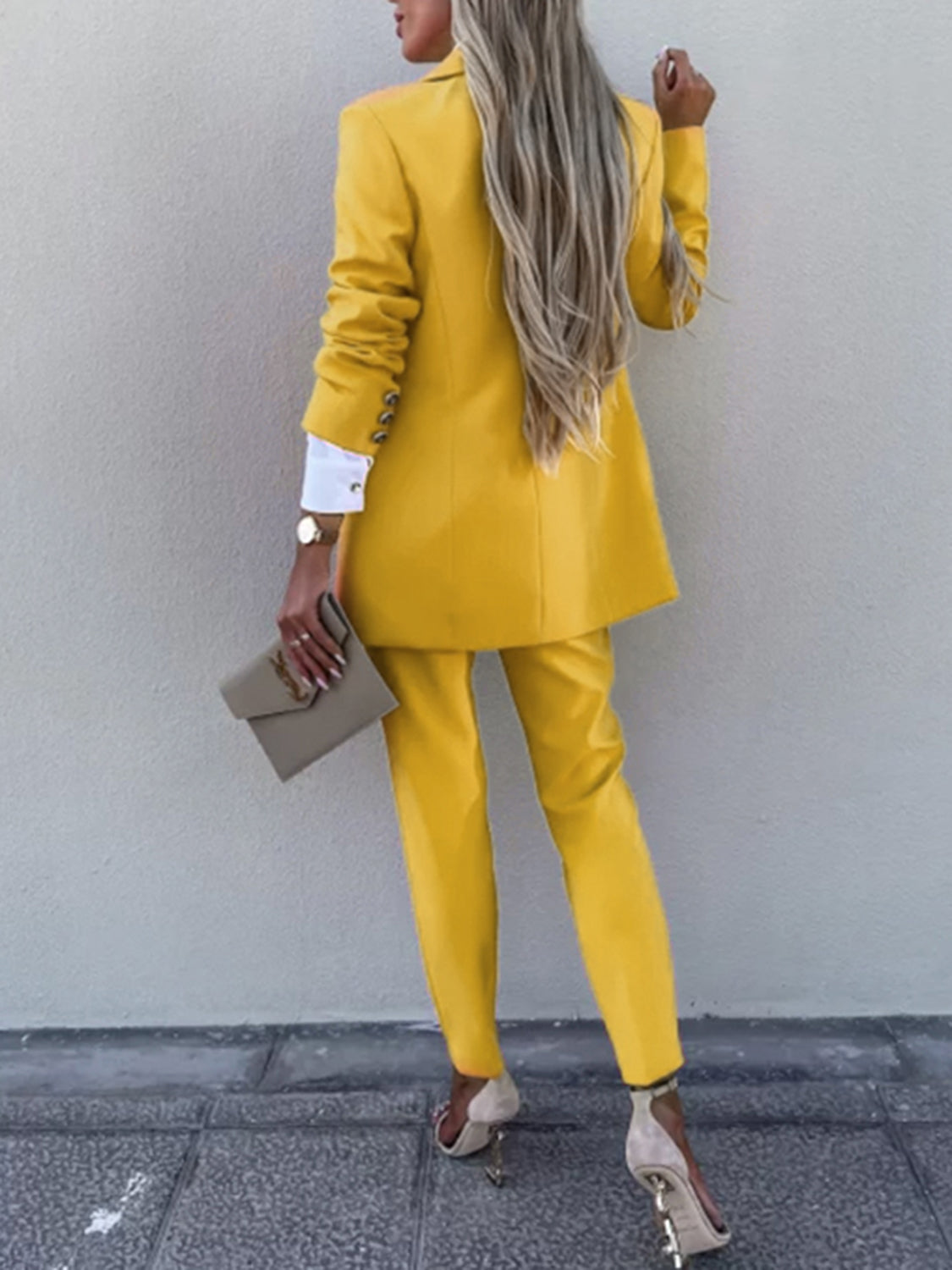 BELLA trendsi long sleeve blazer and pants set with lapel collar, tailored fit, and classic style, shown in a stylish professional outfit.