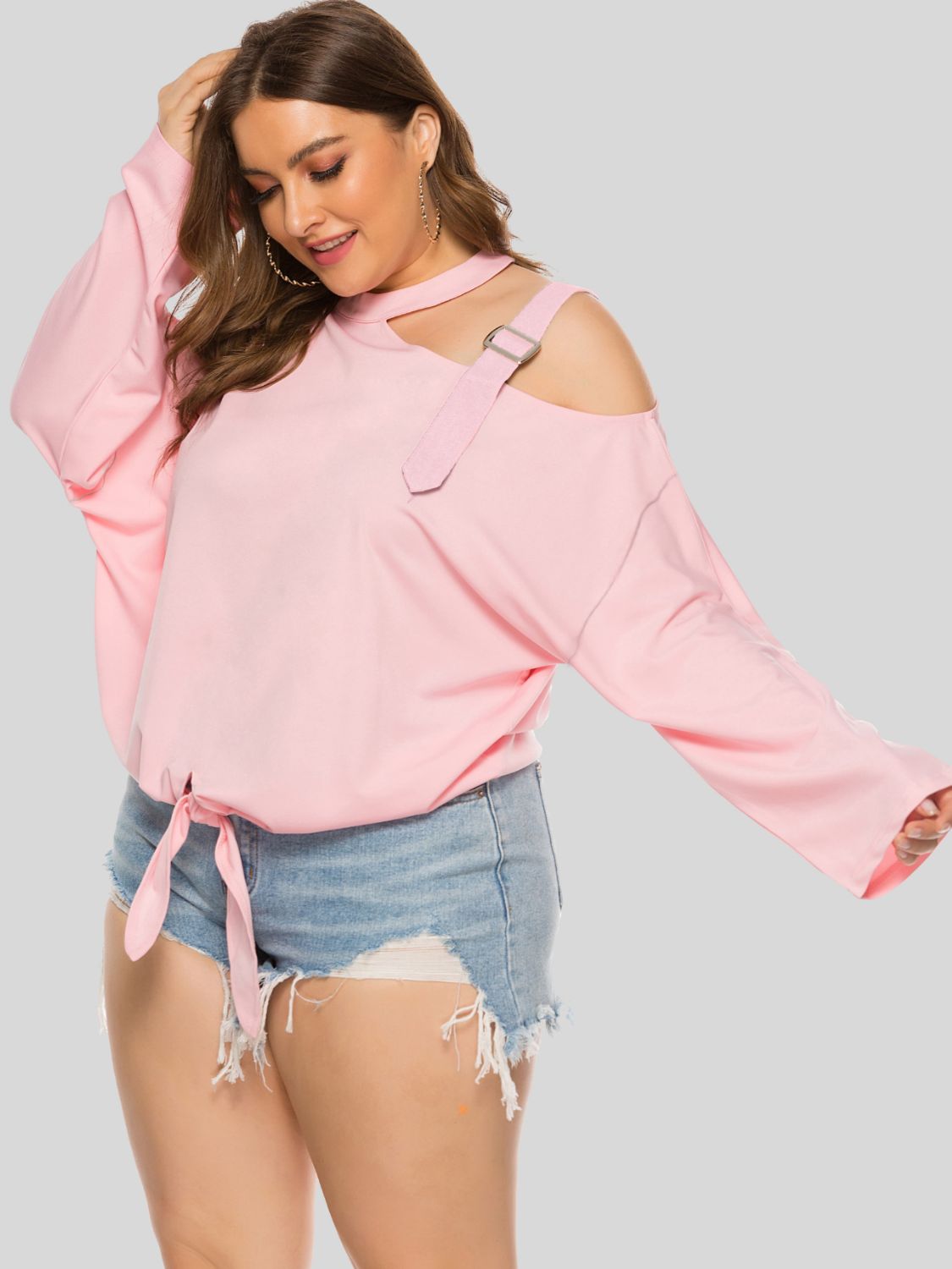 Plus size cold-shoulder tied top by BELLA featuring lightweight fabric and stylish cut-out shoulders