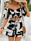 BELLA trendsi drawstring off-shoulder top and matching shorts set, stylish casual outfit with relaxed fit and trendy design.