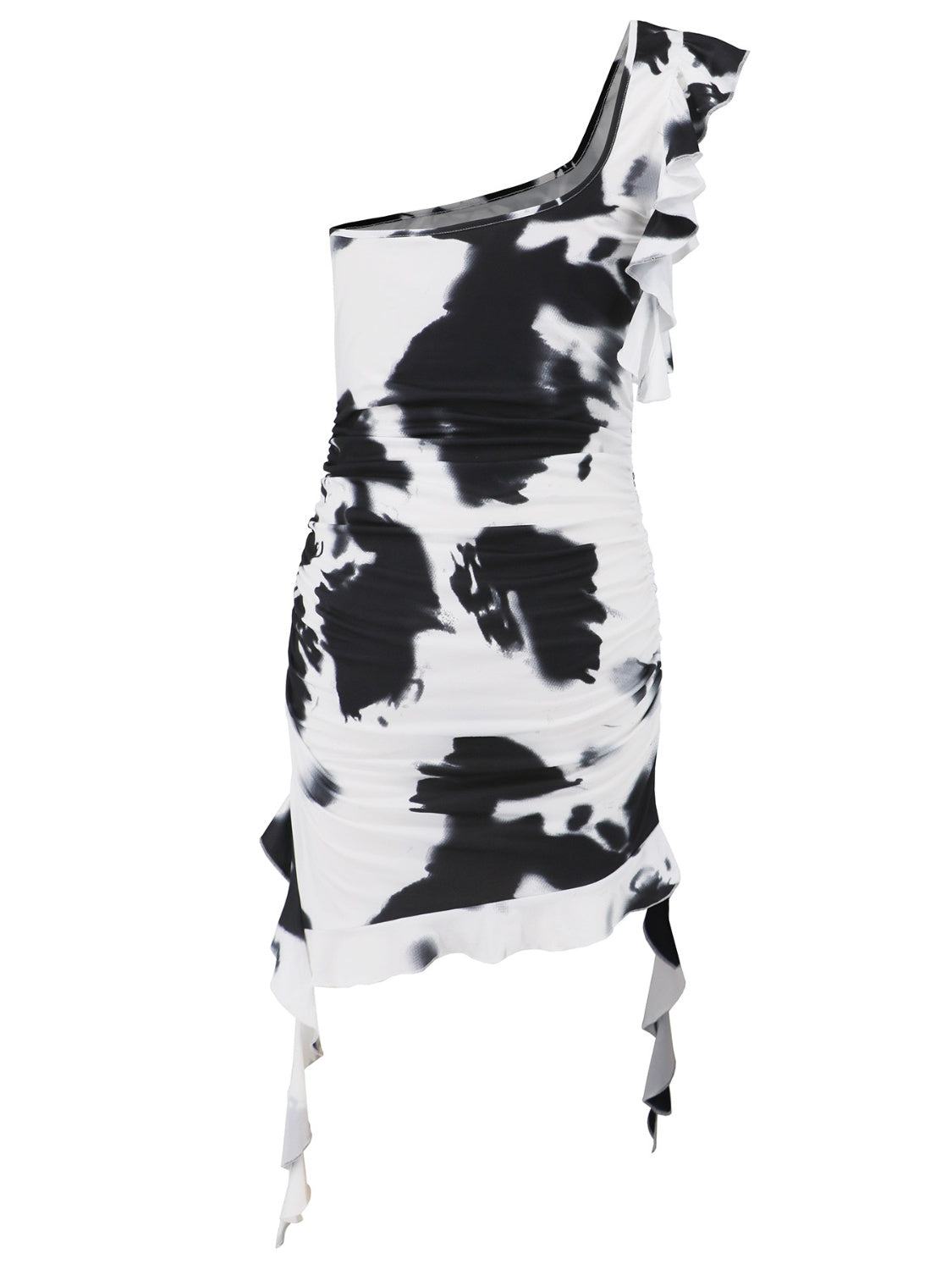 BELLA Ruffled Tie-Dye Single Shoulder Mini Dress featuring a stylish ruffled design and vibrant tie-dye pattern on a trendy dress.