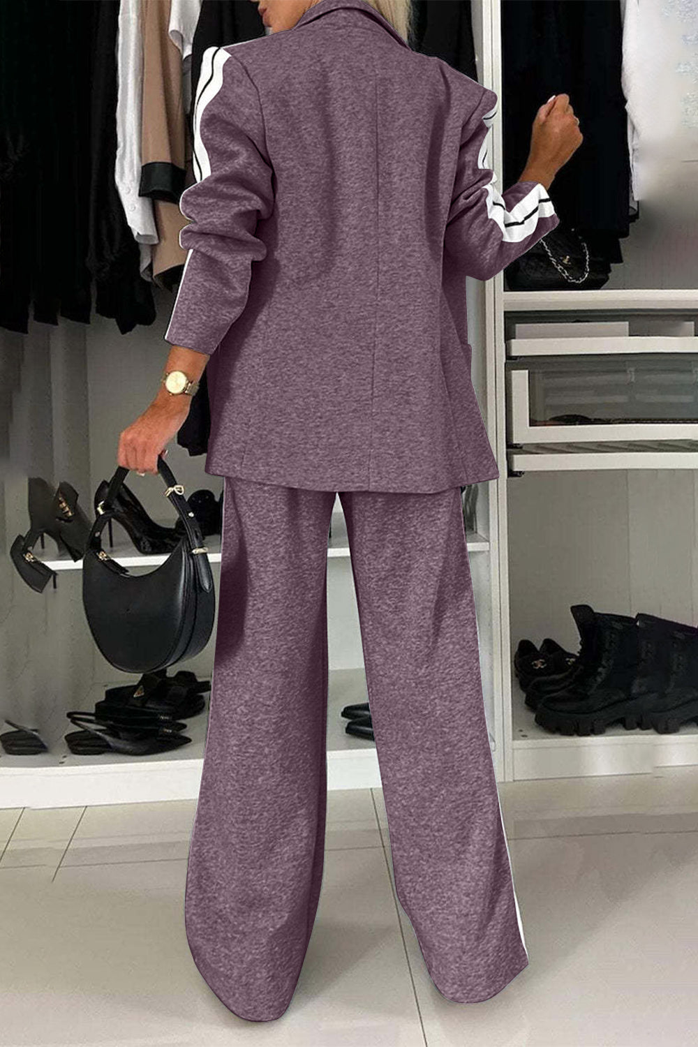 BELLA trendsi full size contrast lapel collar top and pants set, featuring stylish design and comfortable fit in natural fabric.