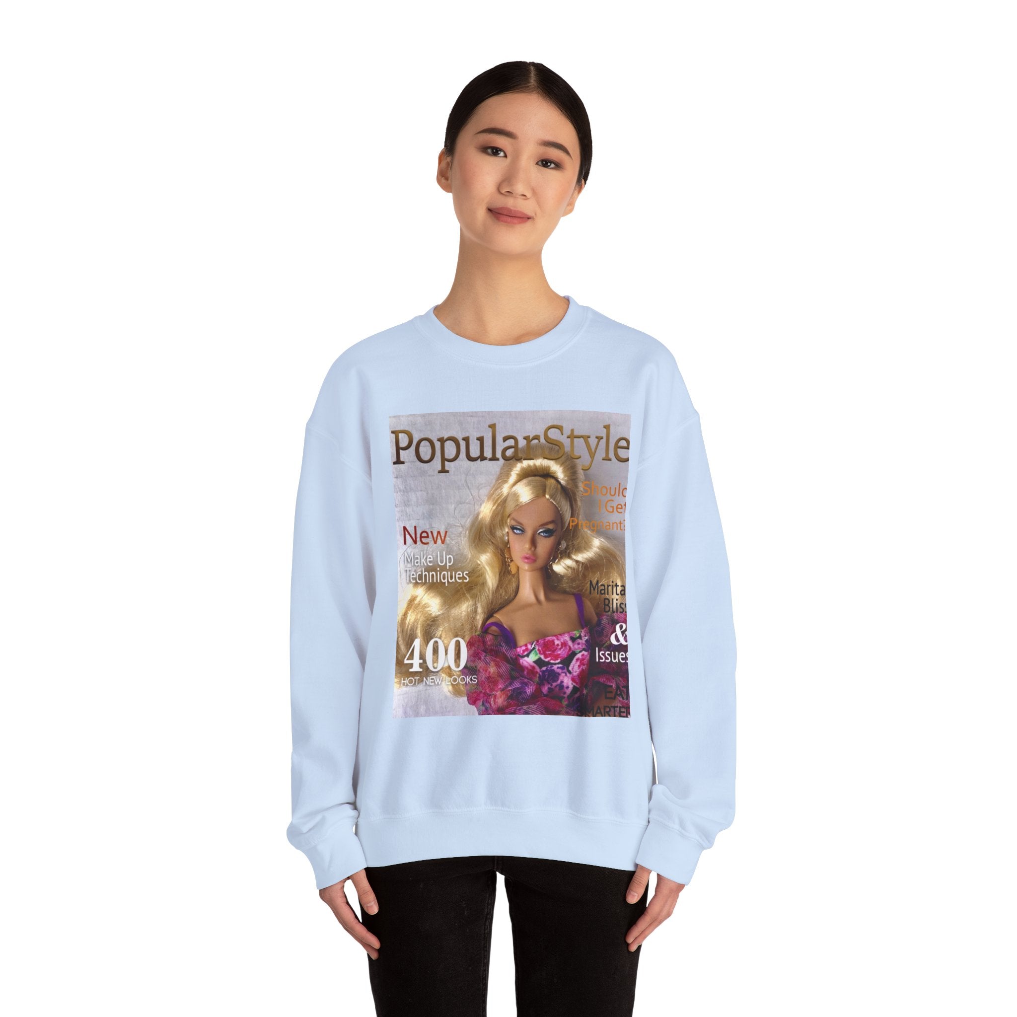 Printify graphic crewneck sweatshirt with vibrant design, showing a comfortable, casual fit on a model.