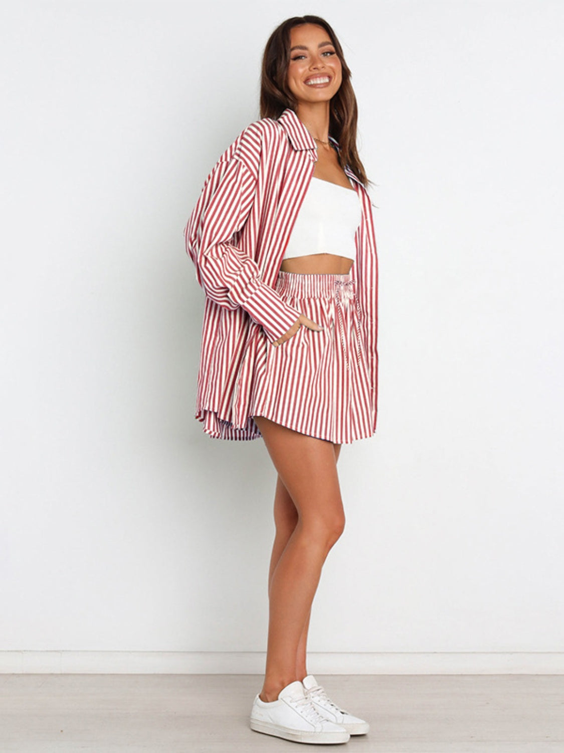 BELLA striped dropped shoulder shirt and matching shorts set, casual summer outfit, featuring horizontal stripes and relaxed fit.