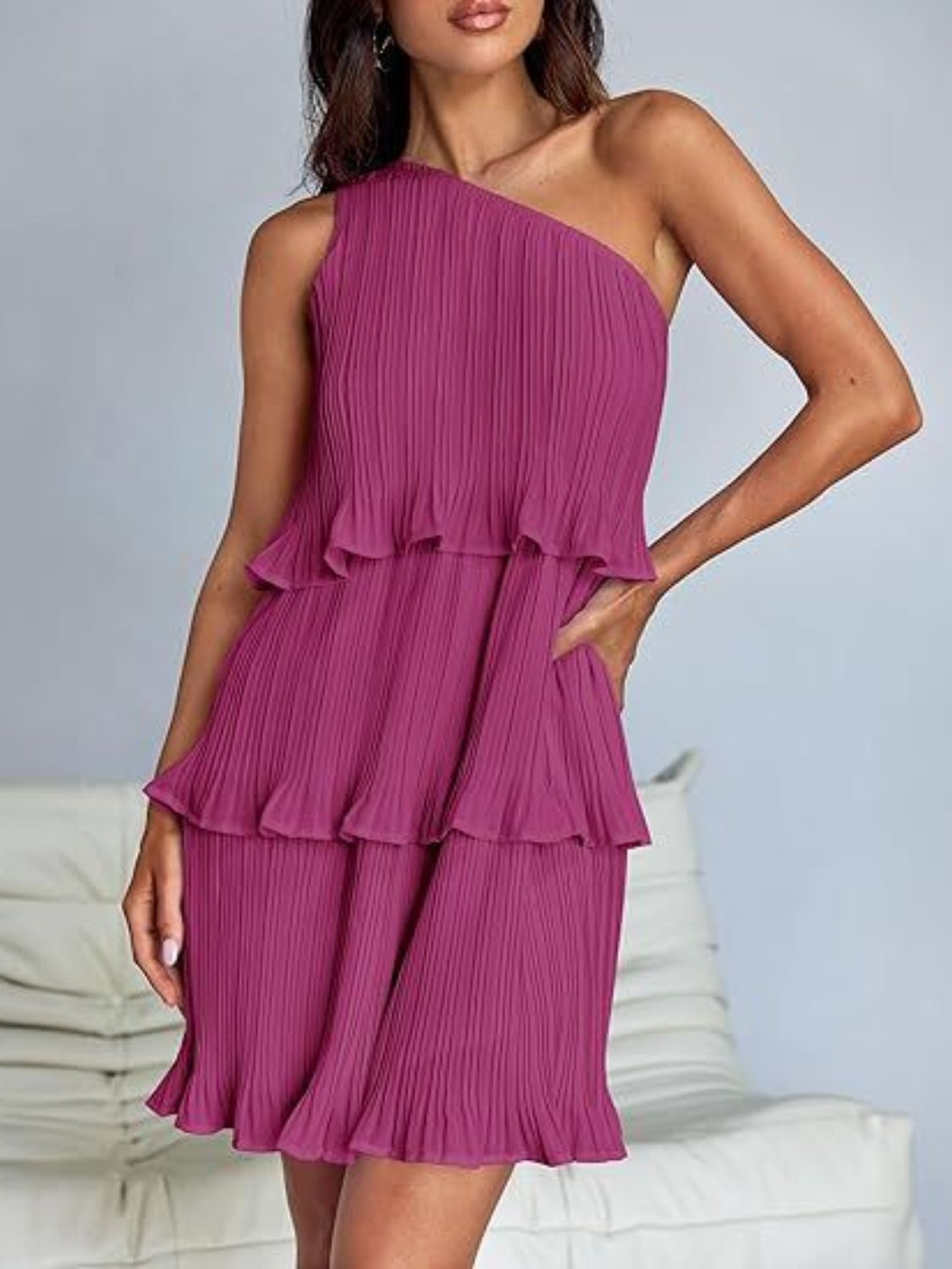 BELLA layered single shoulder mini dress from trendsi, featuring a stylish design with a single shoulder strap and layered detail.